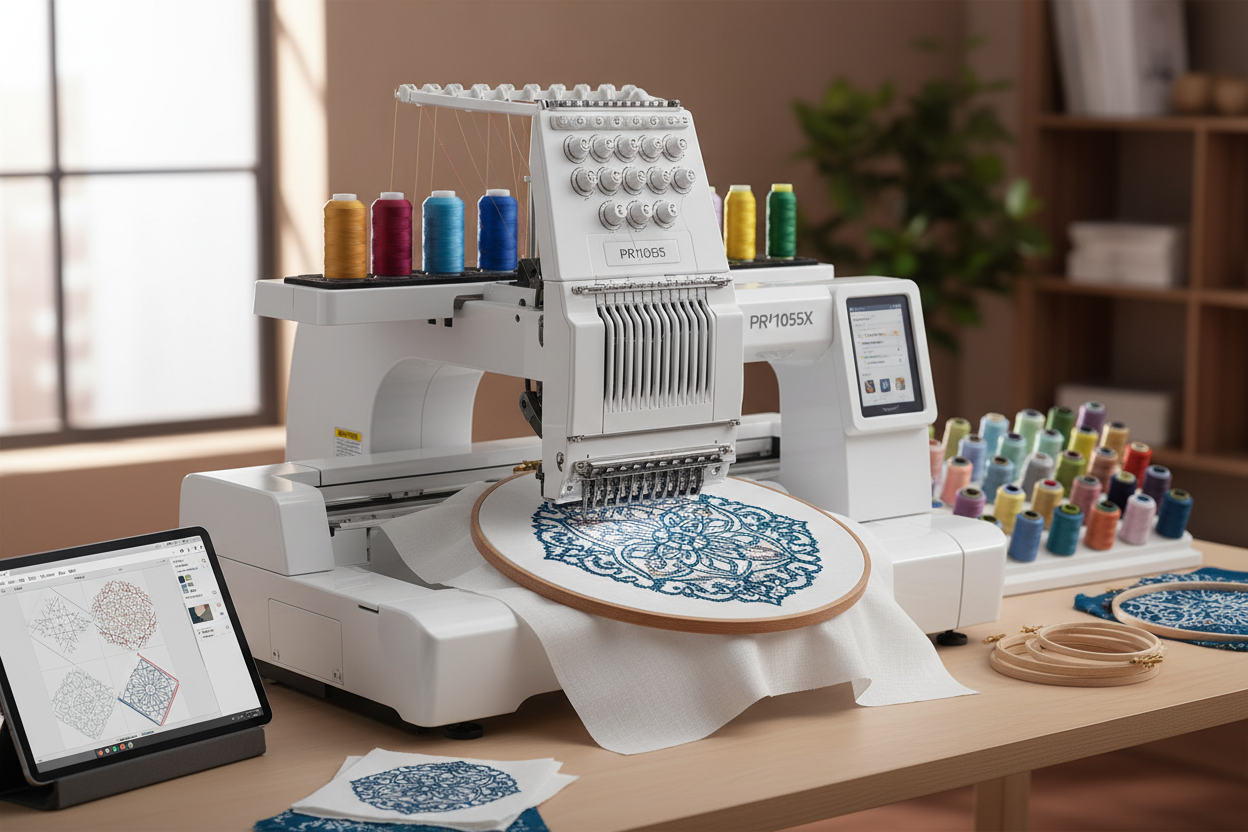 Brother Stickmaschine mit Stickrahmen und bunten Garnen auf Arbeitstisch – Perfekt für Anfänger-Stickprojekte