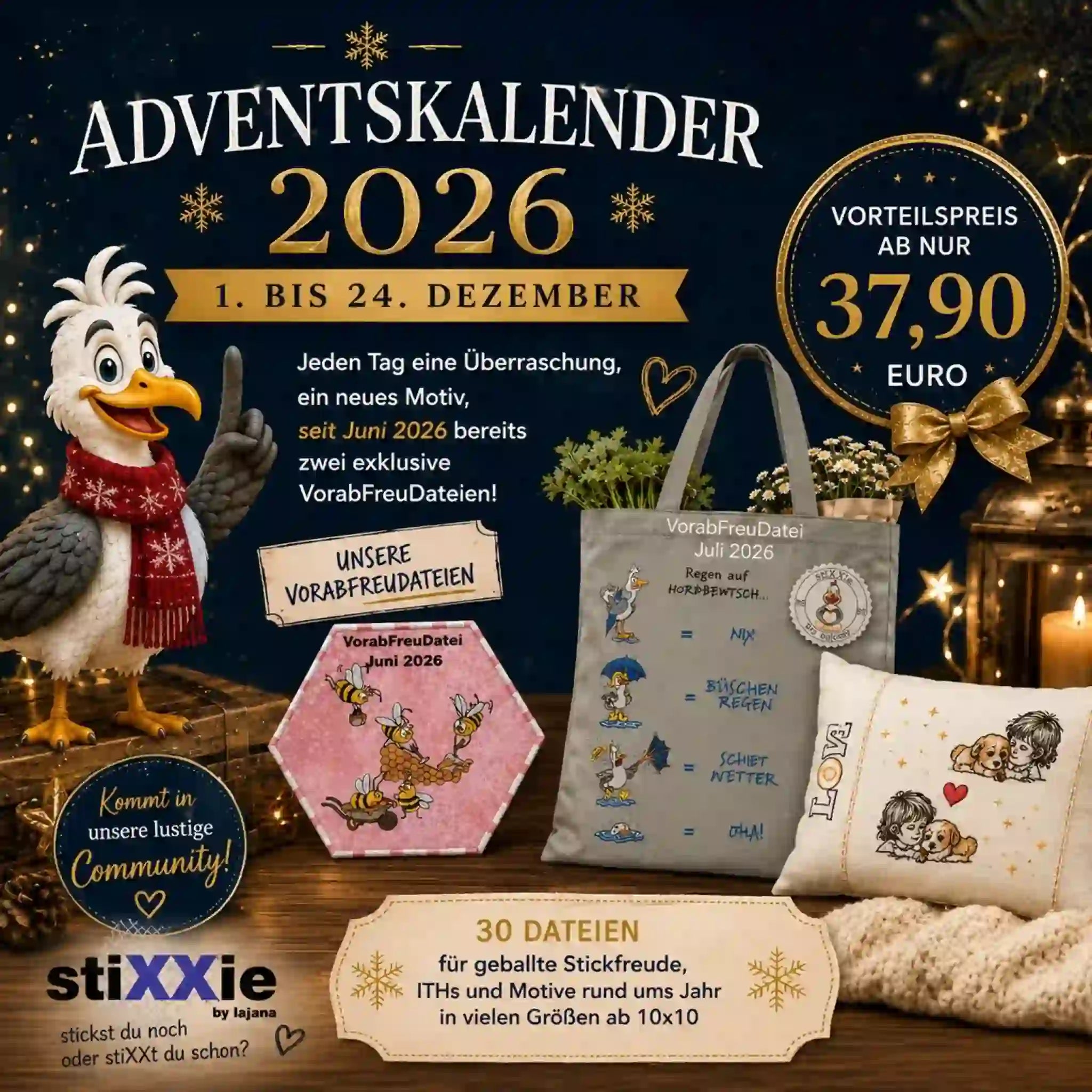 Stickdateien-Adventskalender 2026 mit VorabFreuDateien und Beispielprojekten