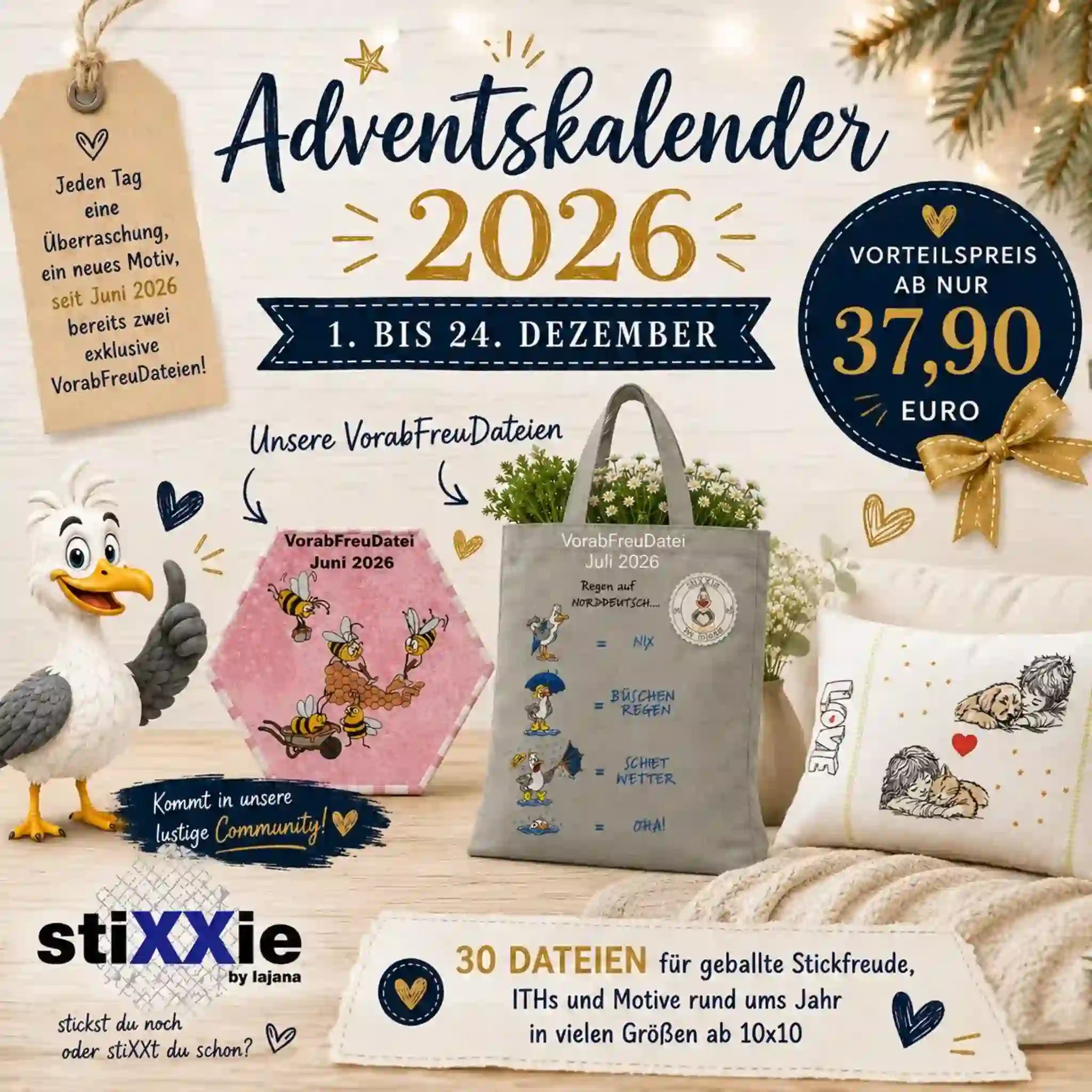 Helle Übersicht zum Stickdateien-Adventskalender 2026 mit Beispielmotiven
