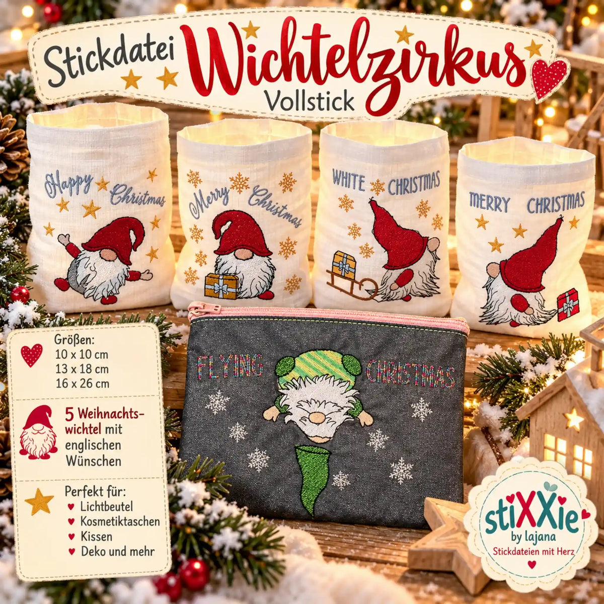 Stickdatei Wichtelzirkus – 5 Weihnachtswichtel