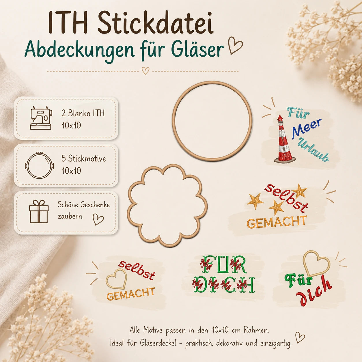 ITH Stickdatei Abdeckungen für Gläser 🫙 – Mega-Paket 10x10