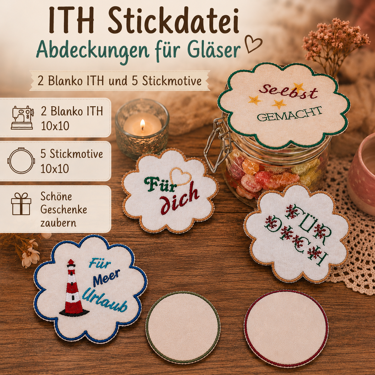 ITH Stickdatei Abdeckungen für Gläser 🫙 – Mega-Paket 10x10