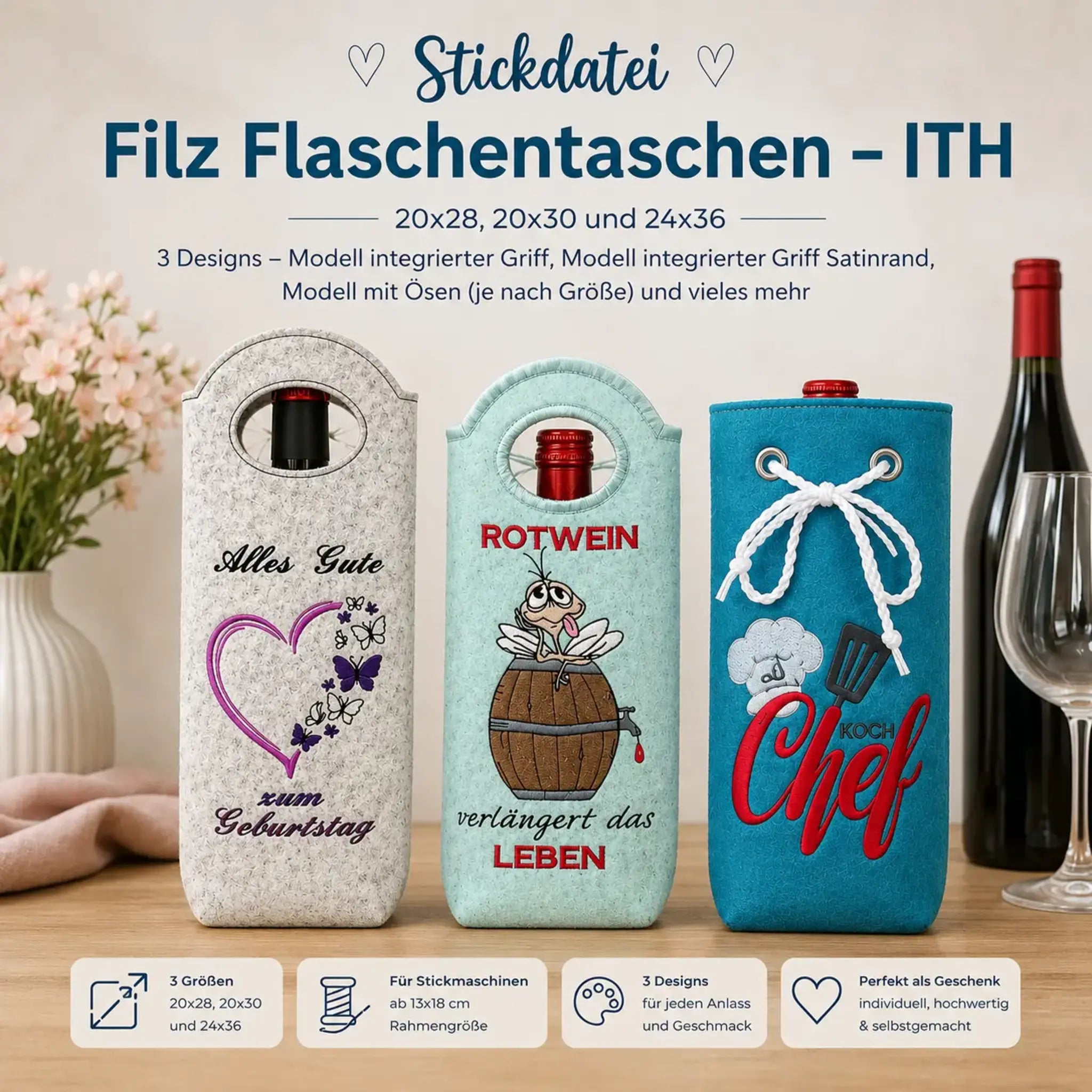 ITH Stickdatei Tasche Filz Flaschentaschen