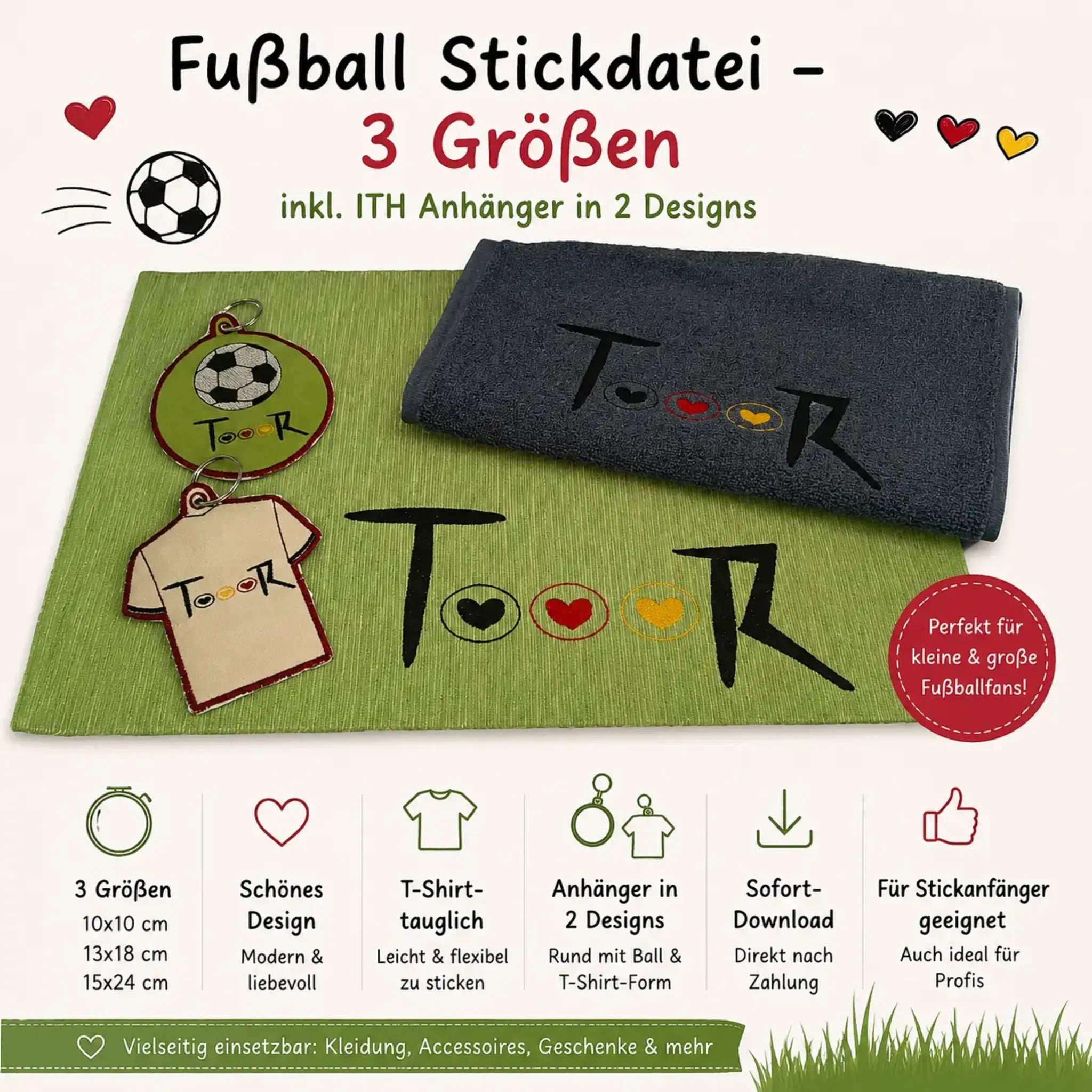 ITH Fußball Stickdatei – 3 Größen + Anhänger