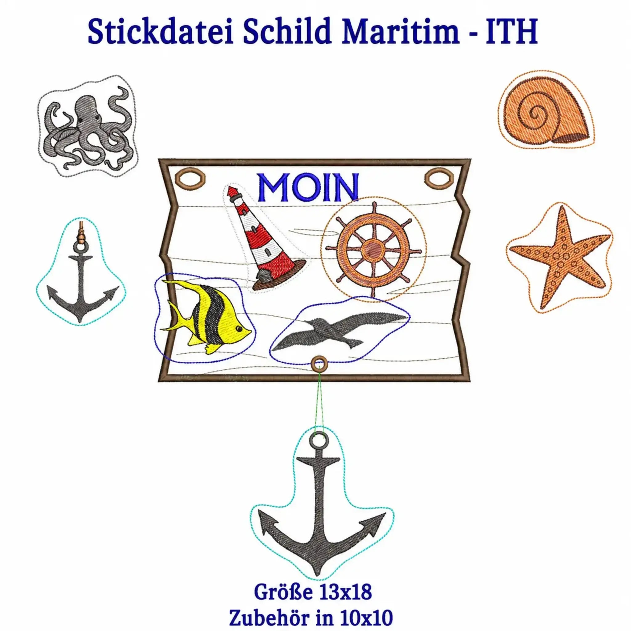 ITH Stickdatei Kranz und Schild Maritim