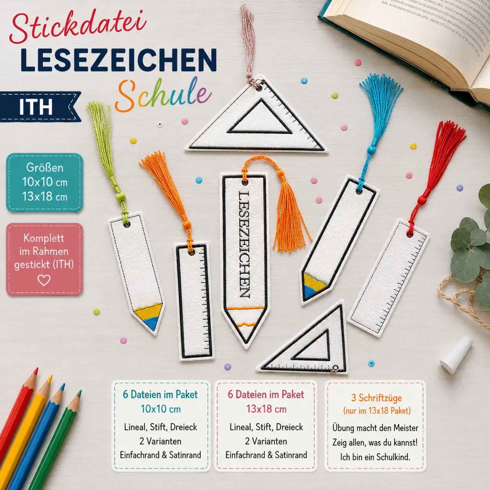 ITH Stickdatei Lesezeichen Schule – Einschulung & Schulanfang