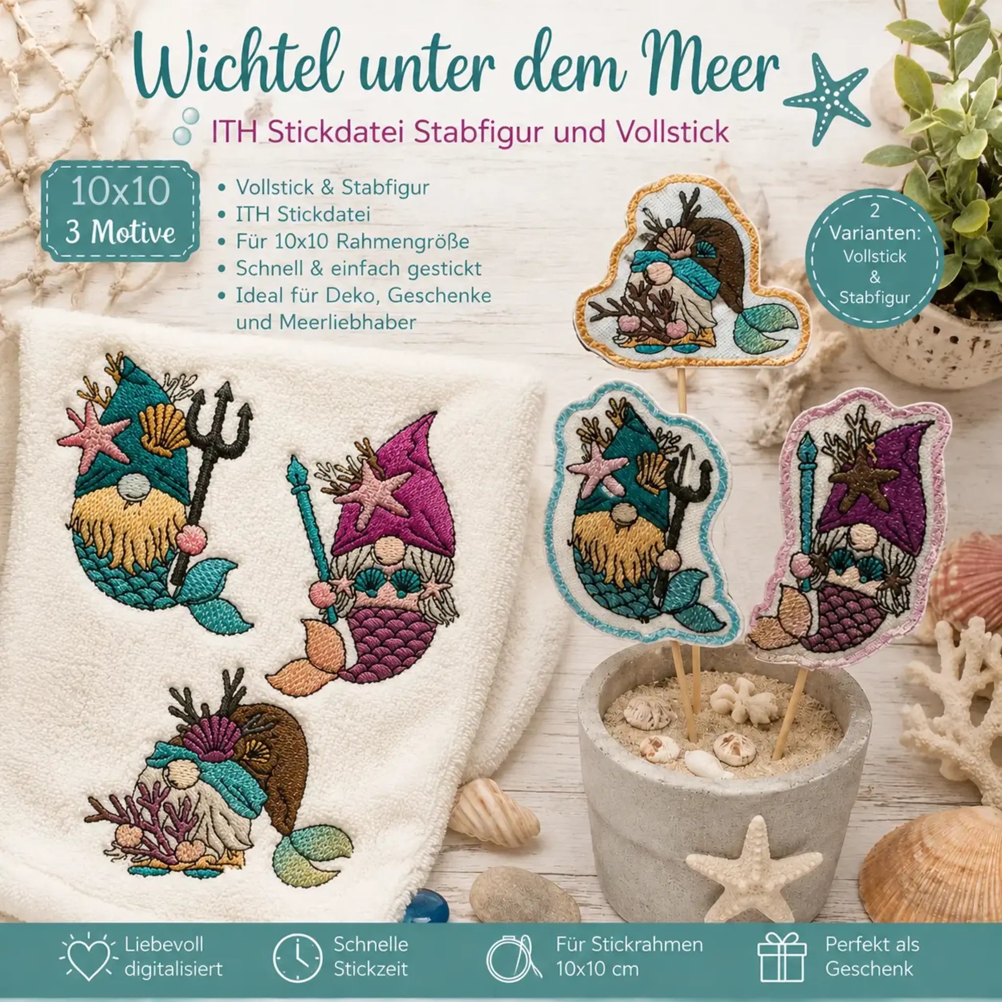 ITH Stickdatei Stabfigur und Vollstick Wichtel unter dem Meer