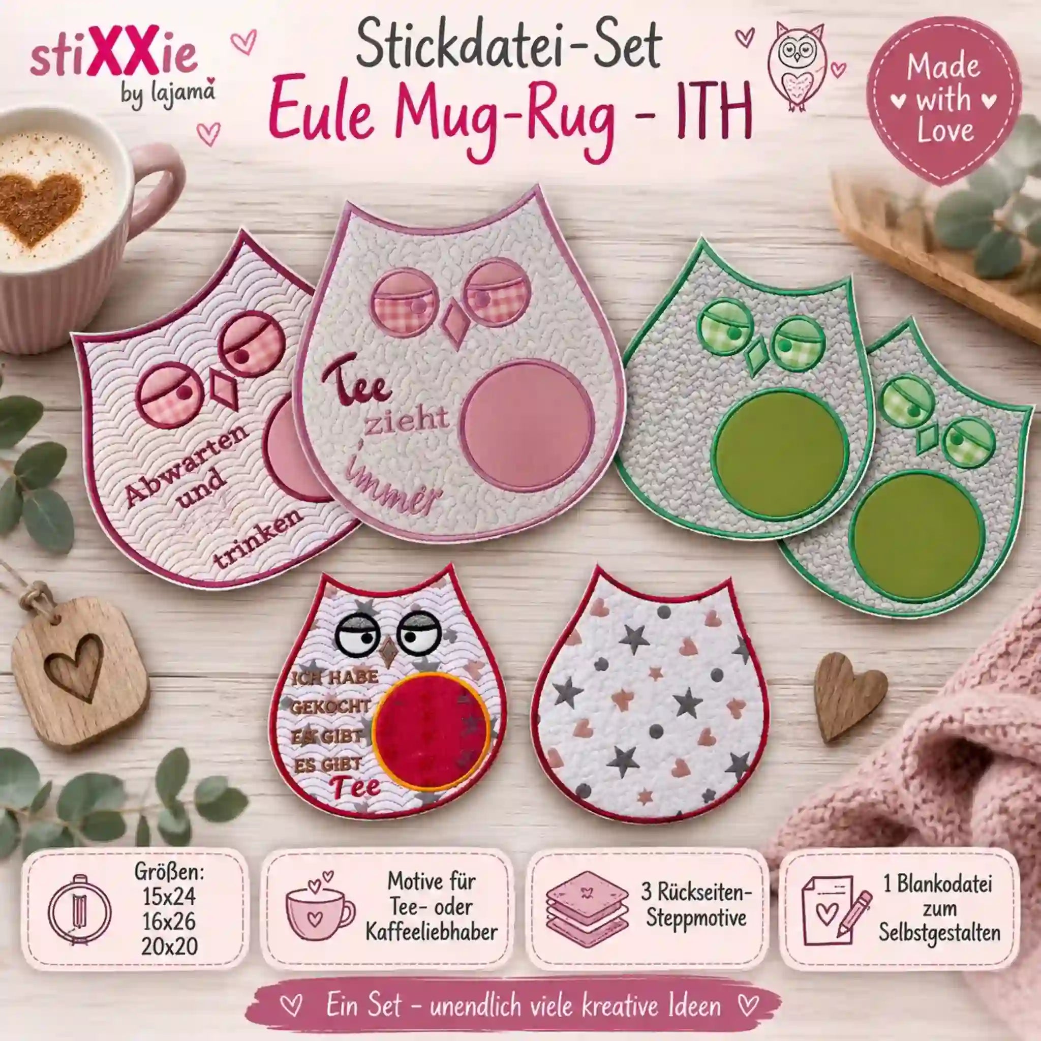 ITH Stickdatei Eule Set MugRug