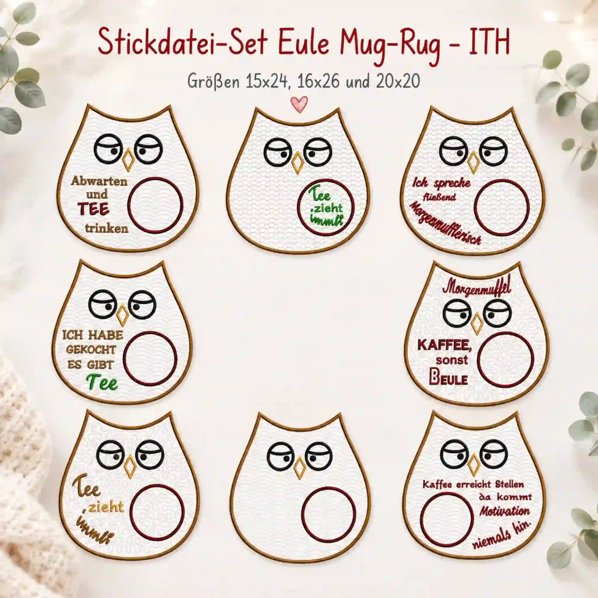 ITH Stickdatei Eule Set MugRug