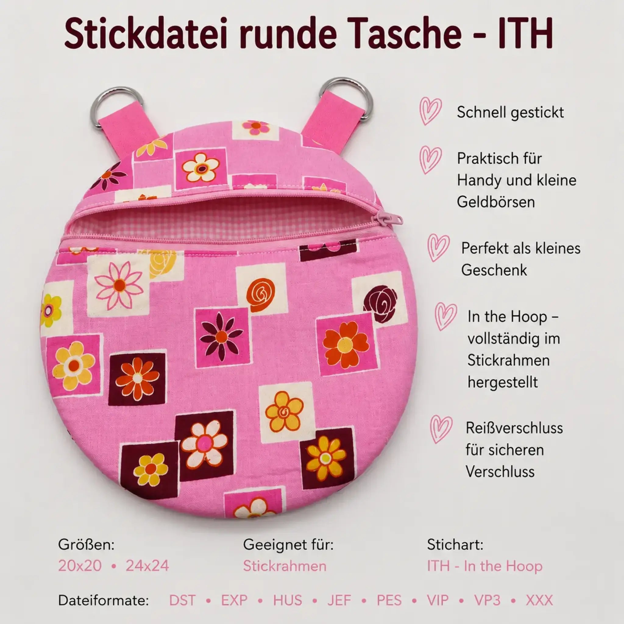 ITH Stickdatei runde Tasche in zwei Größen