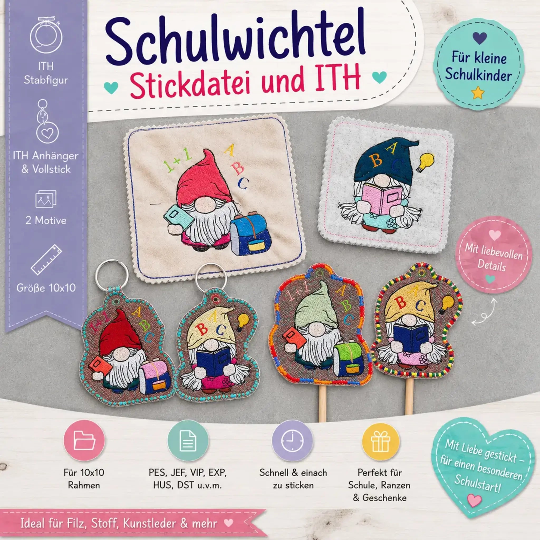 Schulwichtel Stickdatei ITH 🎒 – Stabfigur, Anhänger & Vollstick
