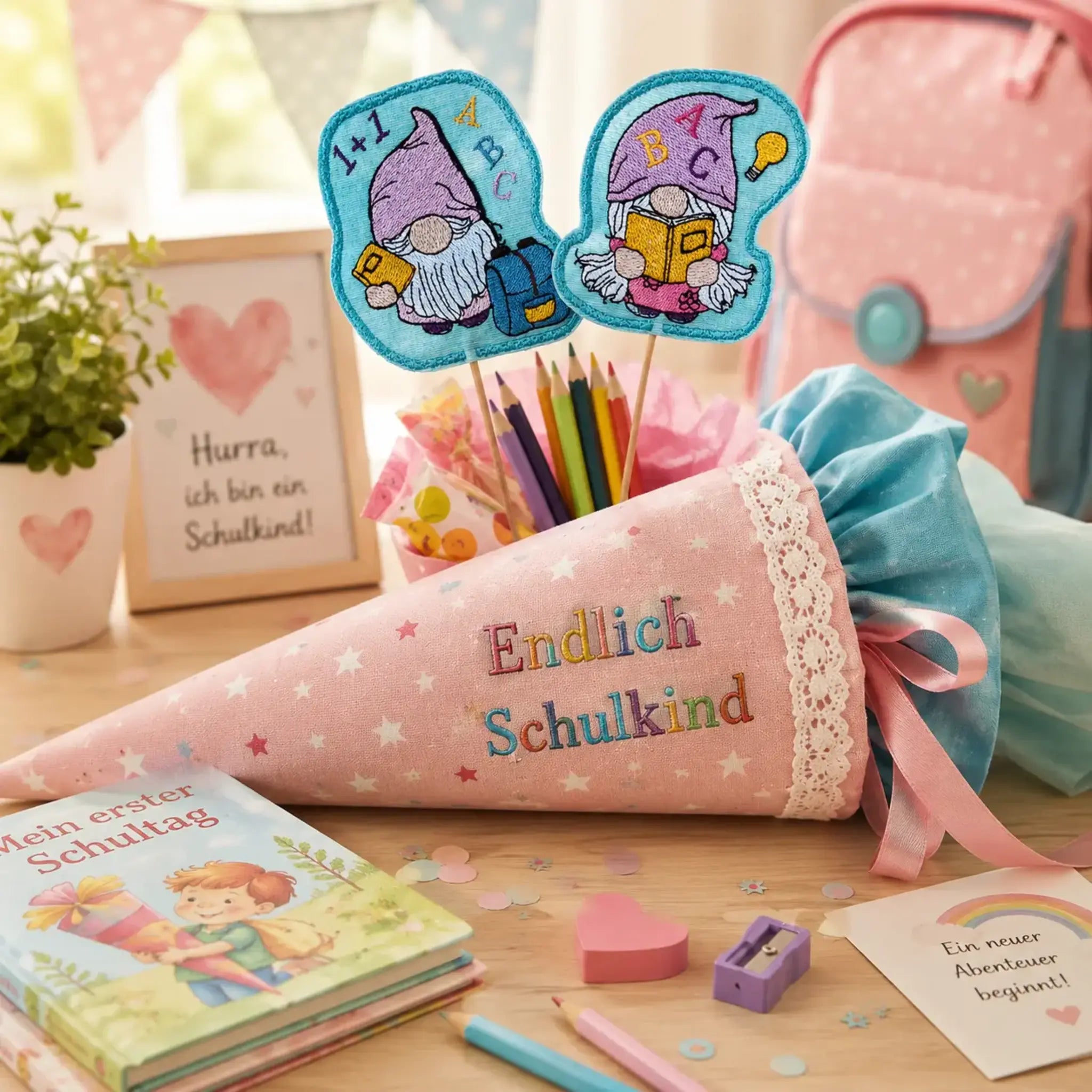 Schulwichtel Stickdatei ITH 🎒 – Stabfigur, Anhänger & Vollstick