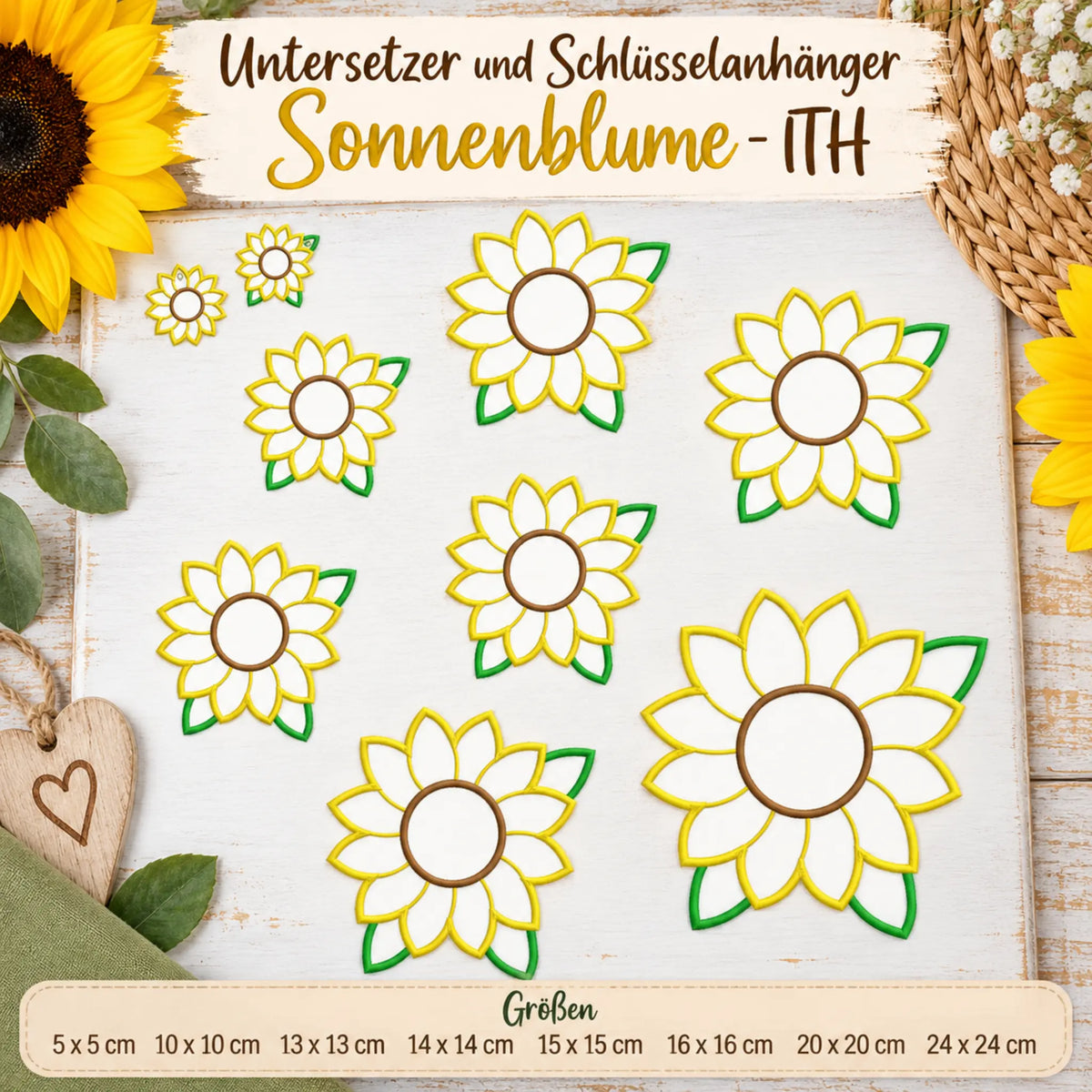 ITH Stickdatei Sonnenblume Untersetzer und AnhÀnger