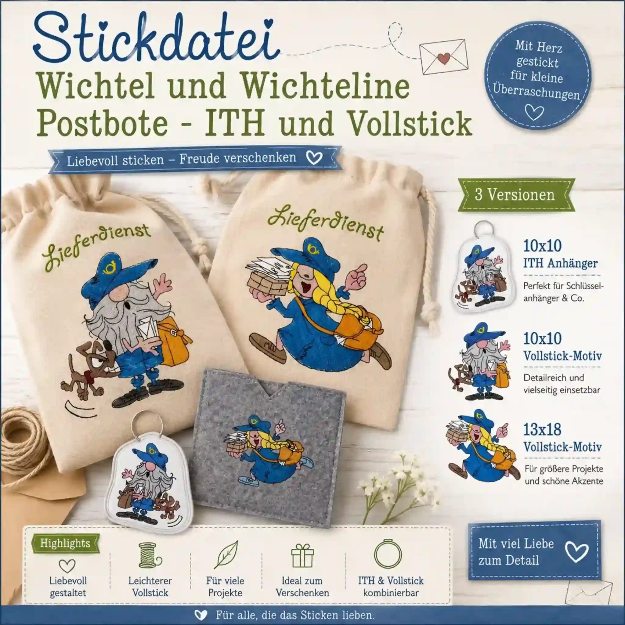 ITH Stickdatei Wichtel und Wichteline Postbote