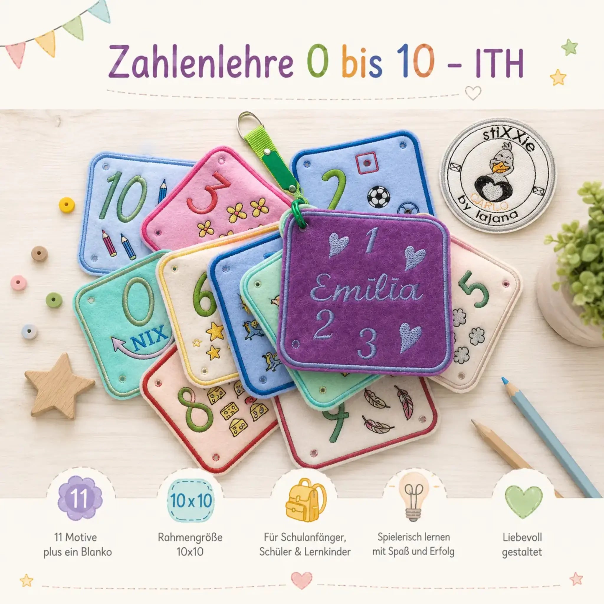 ITH Stickdatei Zahlenlehre Null bis Zehn | In-the-Hoop