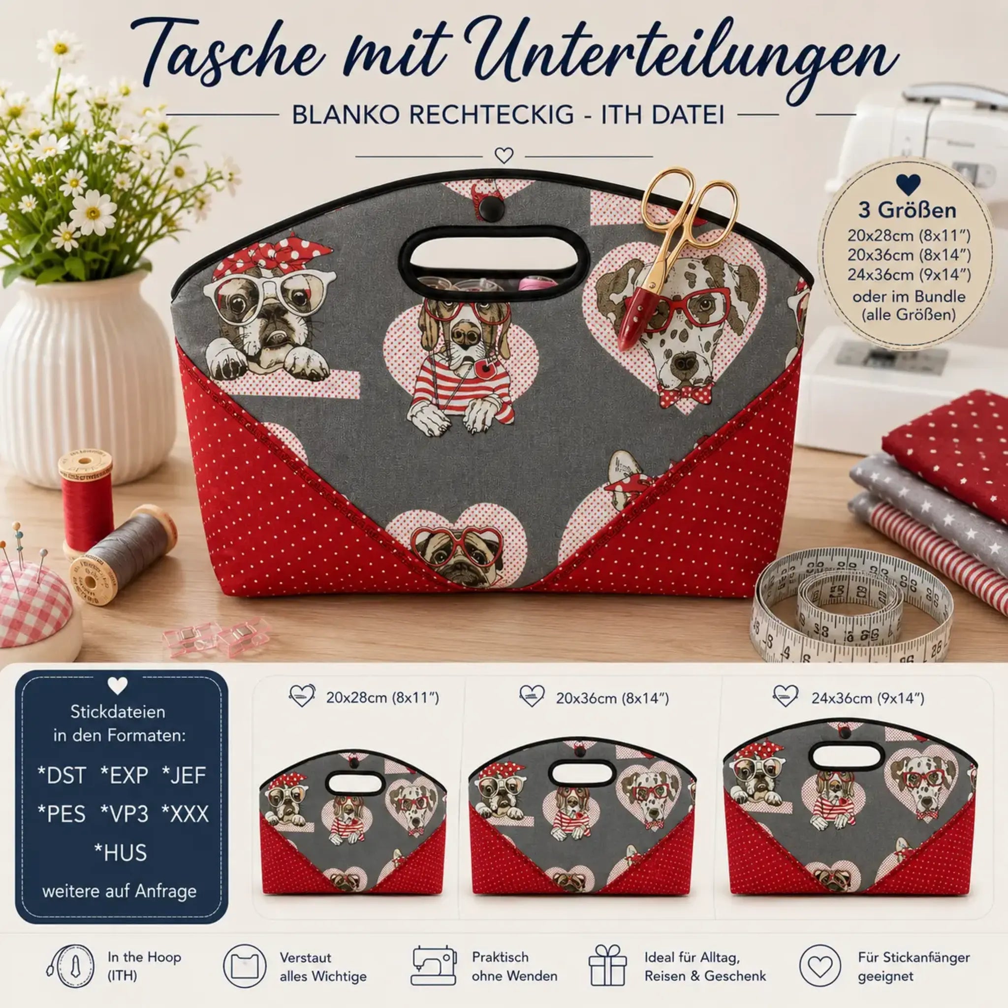 ITH Stickdatei Tasche mit Unterteilungen