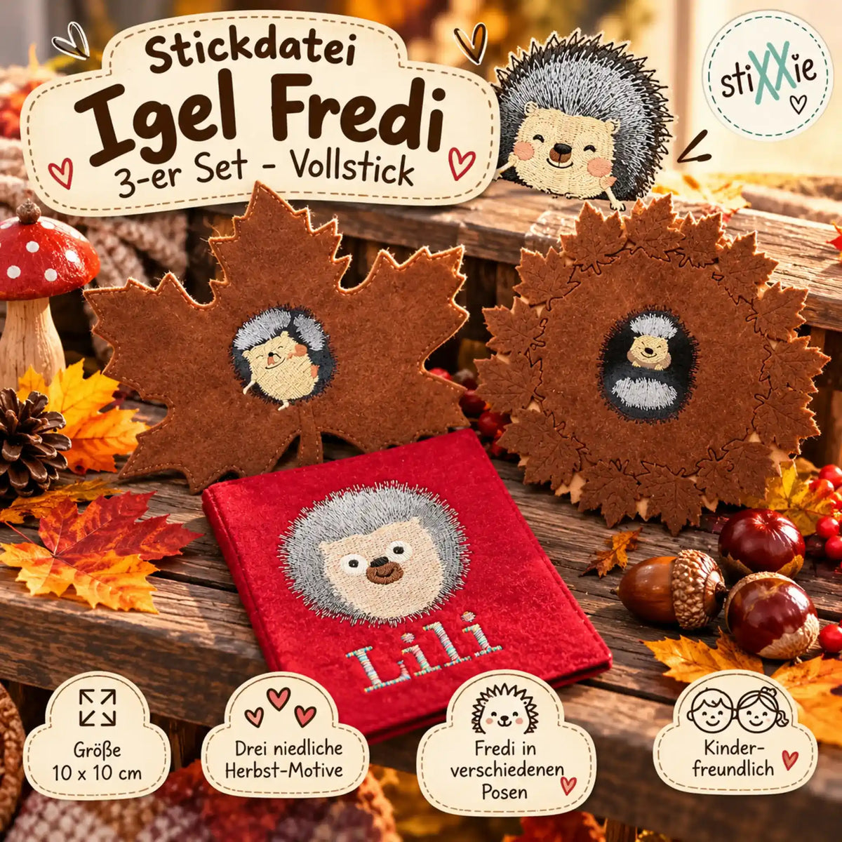 Stickdatei Igel Fredi 3-er Set â Niedliche Herbst-Motive