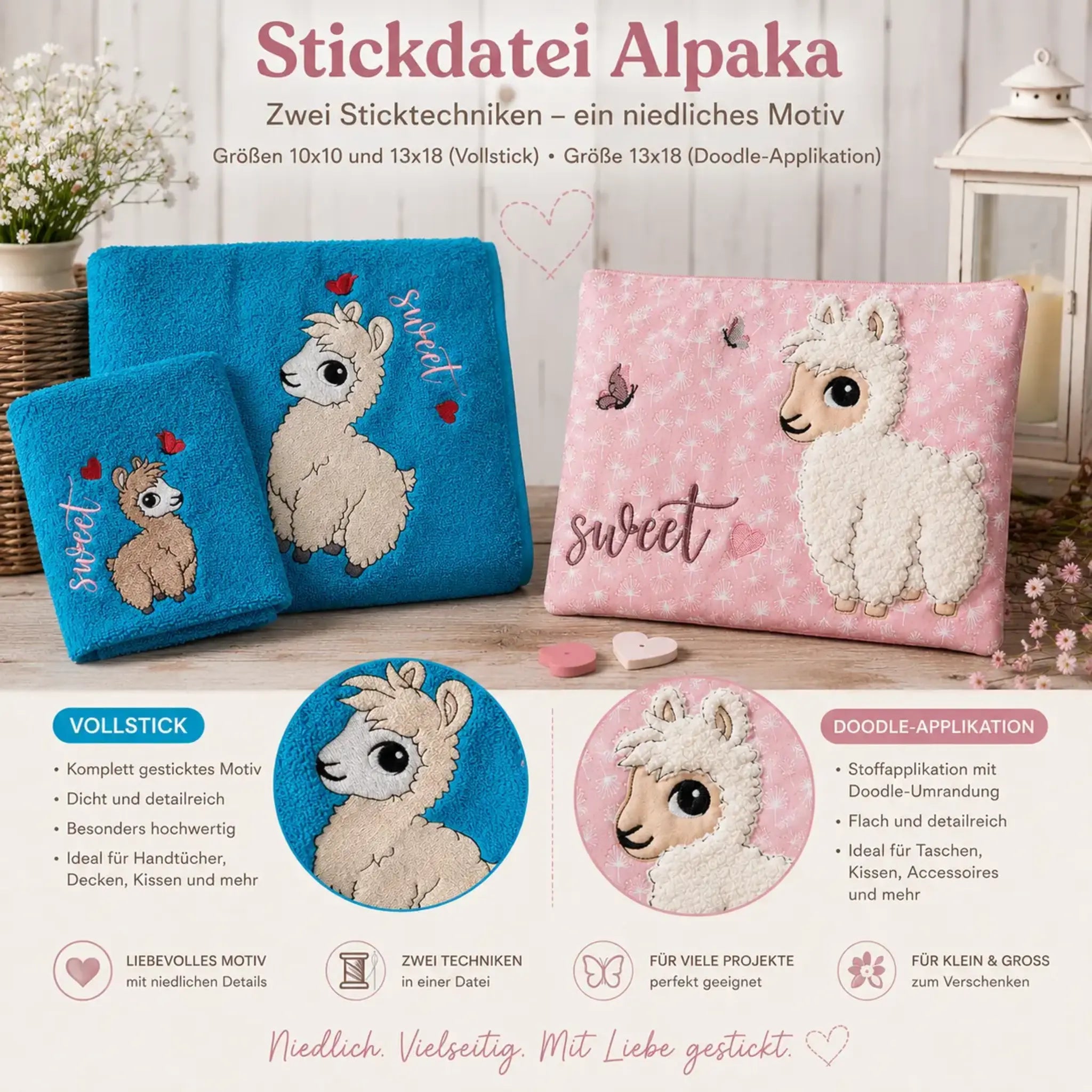 Stickdatei Alpaka Vollstick und Doodle-Applikation