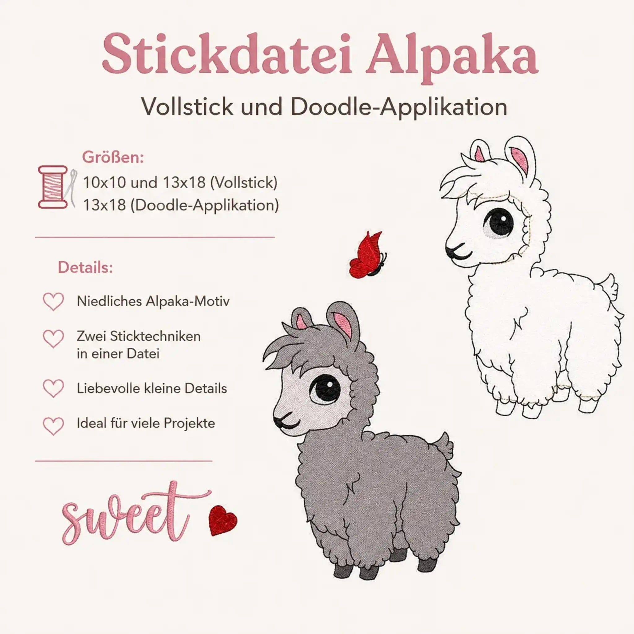 Stickdatei Alpaka Vollstick und Doodle-Applikation