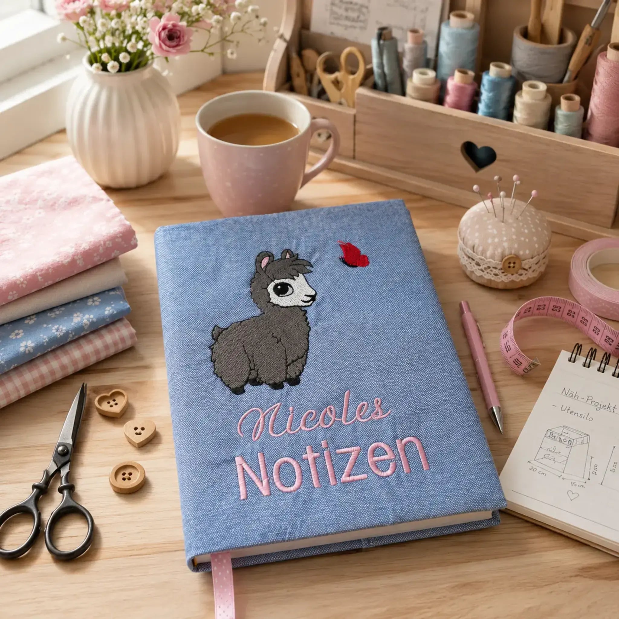 Stickdatei Alpaka Vollstick und Doodle-Applikation