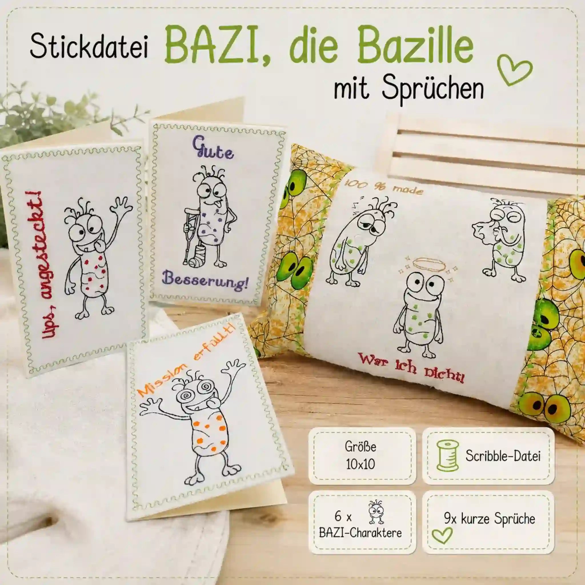 Stickdatei BAZI, die Bazille mit Sprüchen