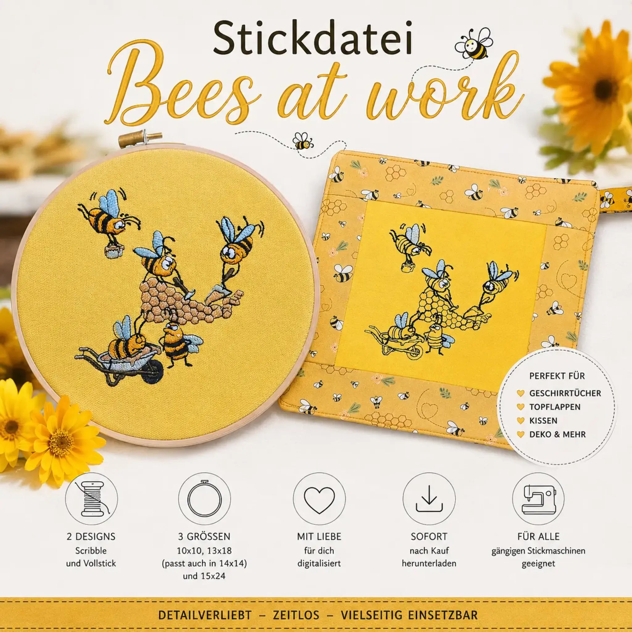 Stickdatei Bees at work mit Bienenmotiven auf Stickrahmen und Topflappen