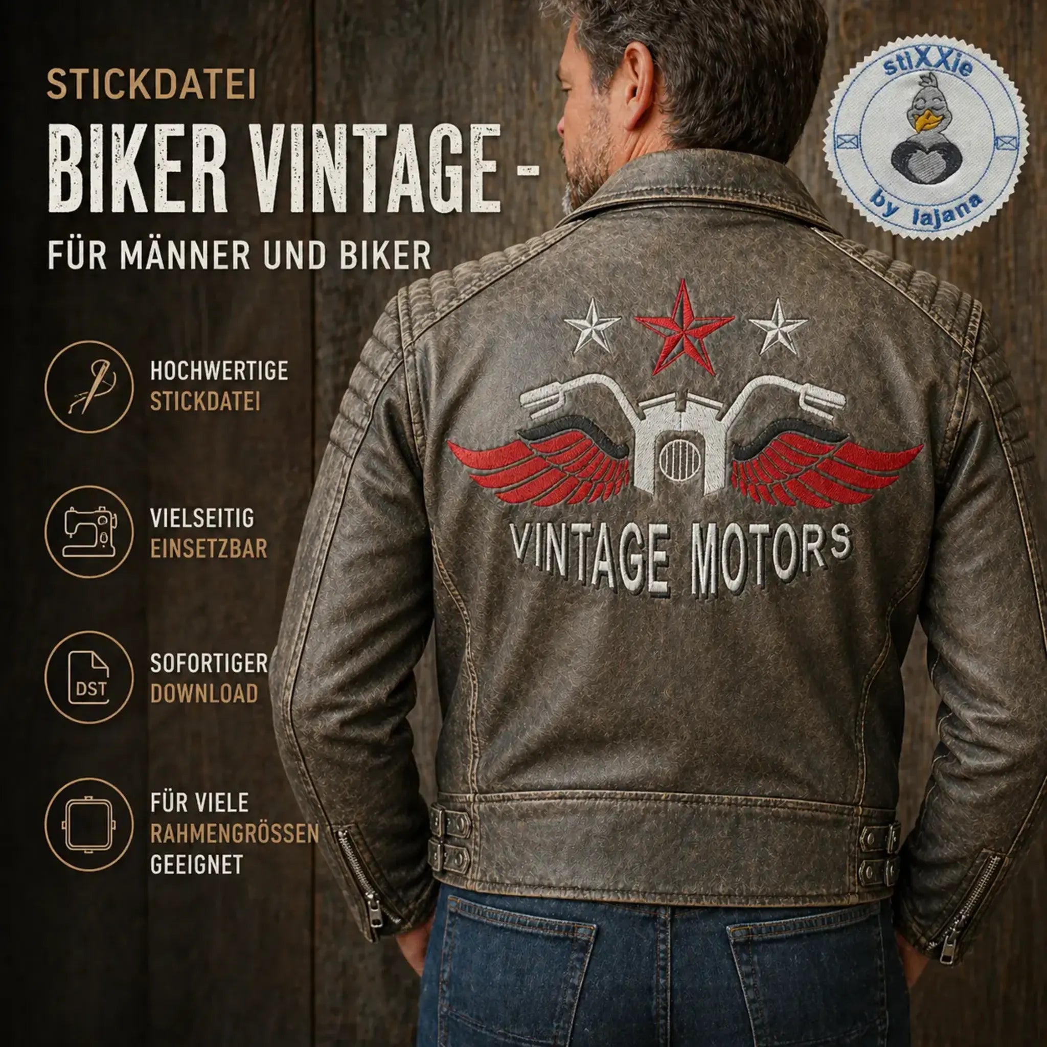 Stickdatei Biker Vintage 🏍️ – Vollstick-Motiv für Freiheitsliebhaber
