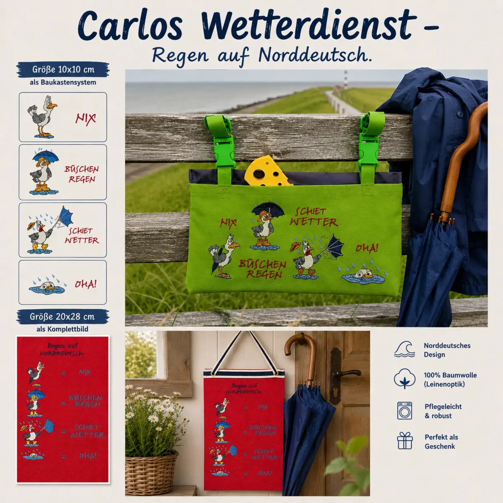Stickdatei Carlos Wetterdienst mit norddeutschen Möwenmotiven auf Taschen