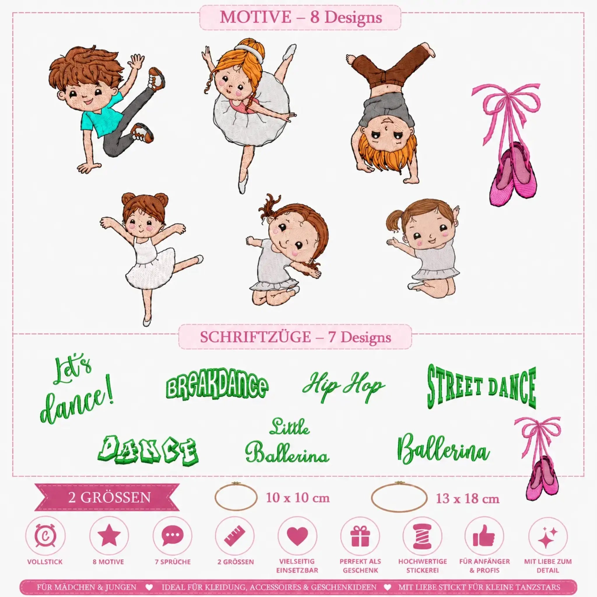 Dance-Kids MegaSet đ â 15 Stickdateien Tanzen mit SprĂŒchen