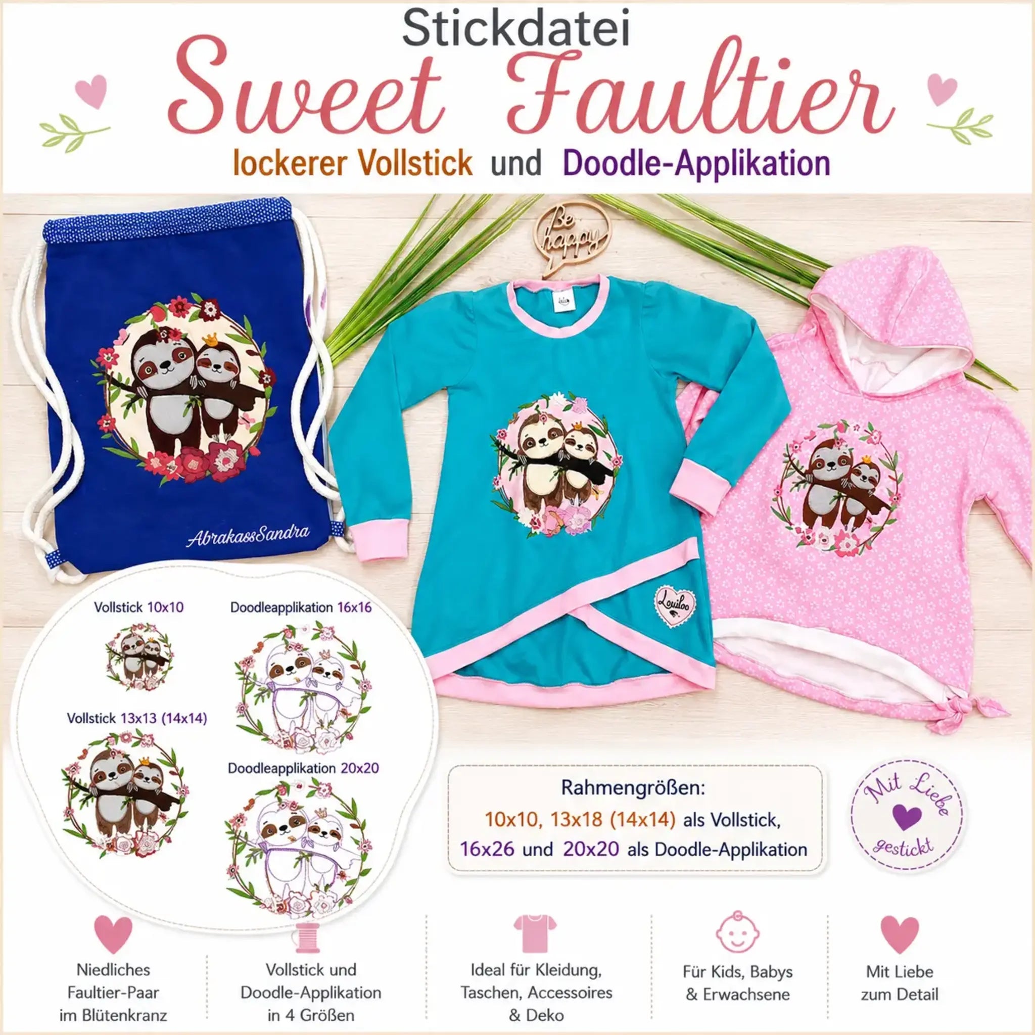 Faultier Stickdatei – Vollstick und Doodleapplikation