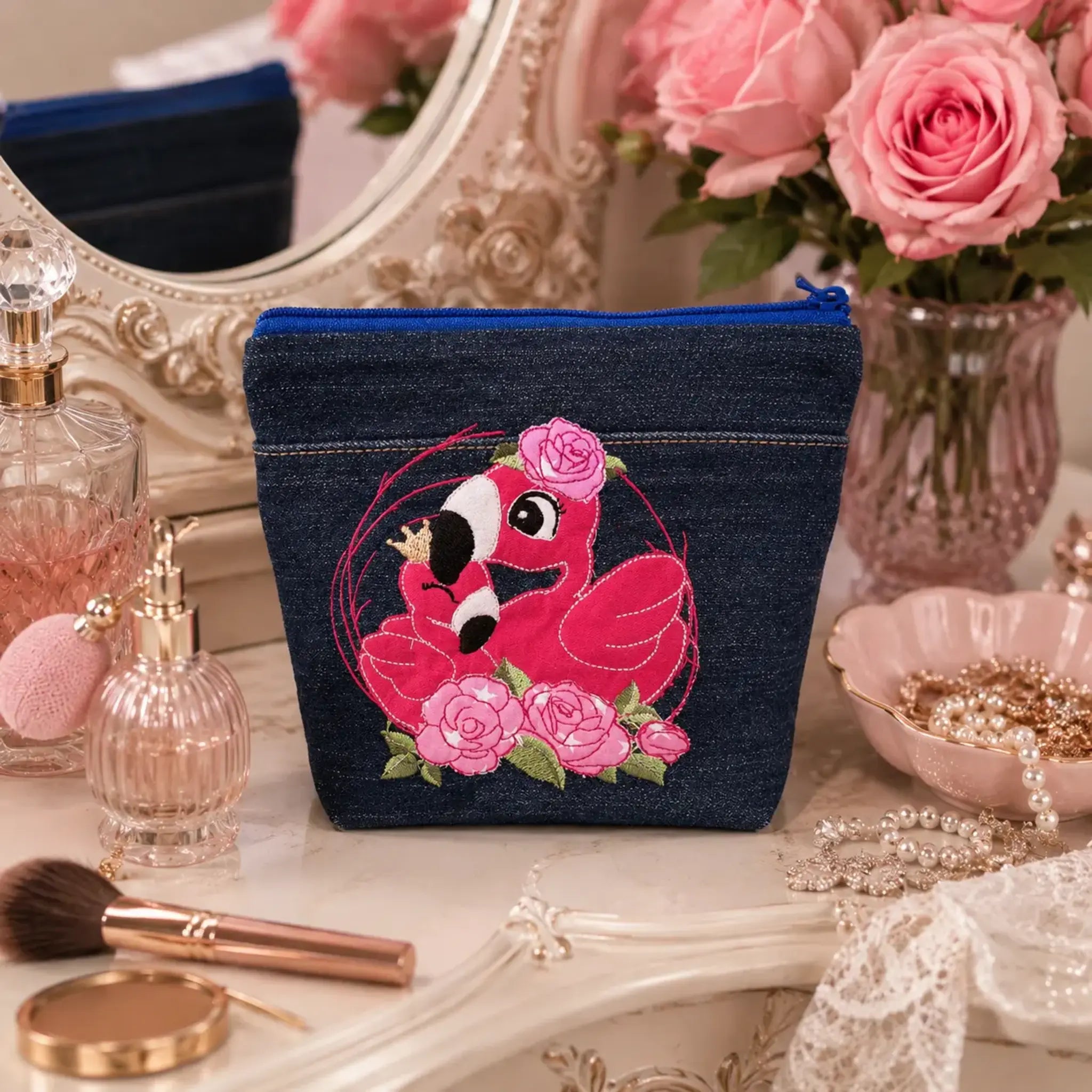 Stickdatei Flamingo-Liebe Vollstick und Doodleapplikation