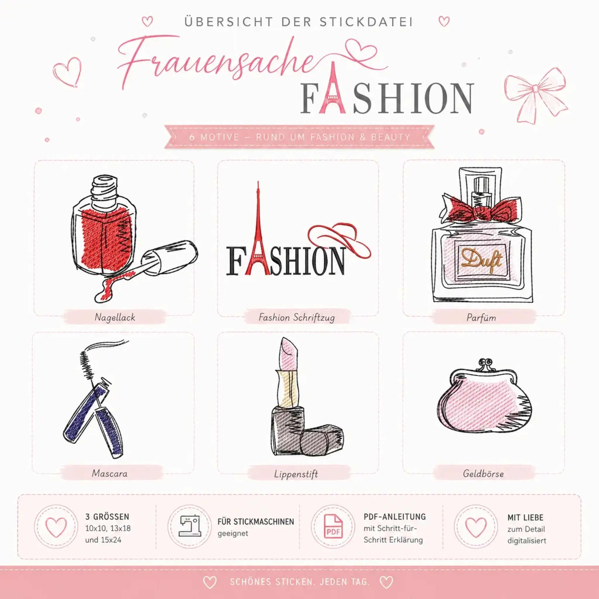 Stickdatei Frauensache Fashion – 6 Mode-Motive Appli