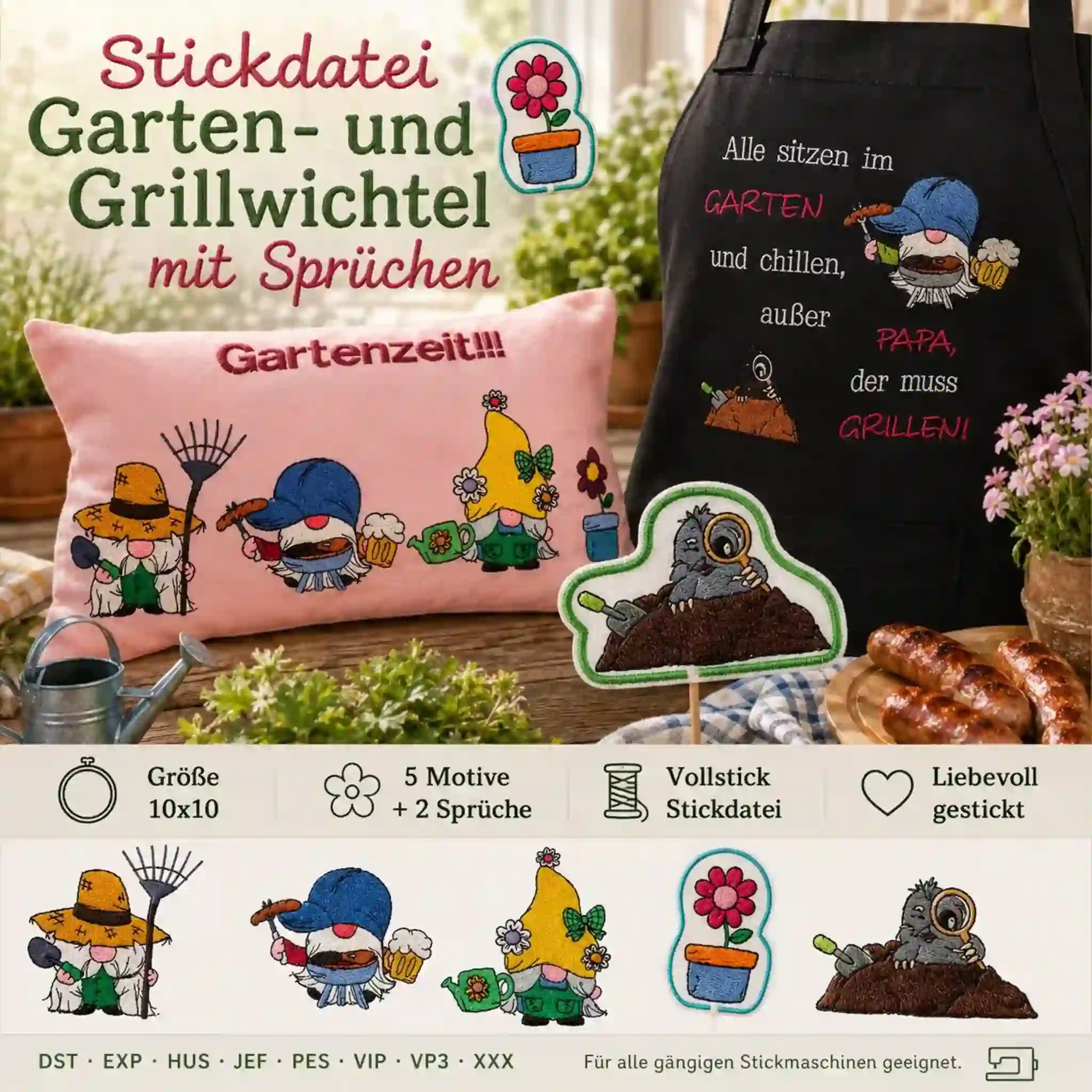 Stickdatei Garten- und Grillwichtel mit Sprüchen 🌿 – 6 Motive + 2 Sprüche | 10x10cm