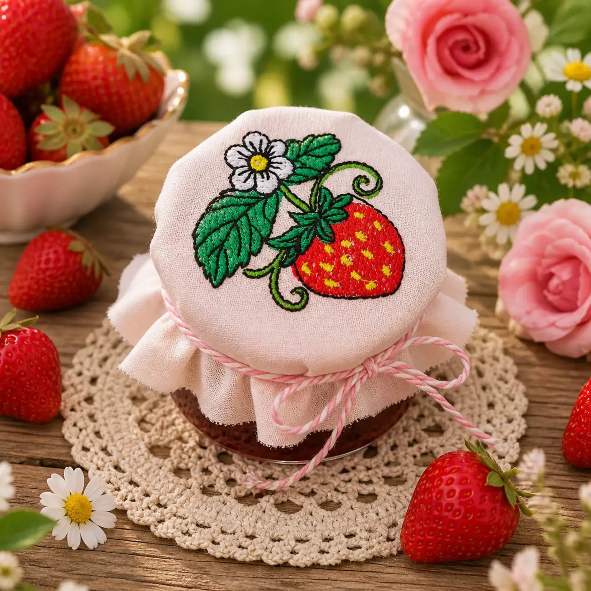 Stickdatei Erdbeere 🍓 – Glasdeckel für Marmeladenglas in 2 Größen