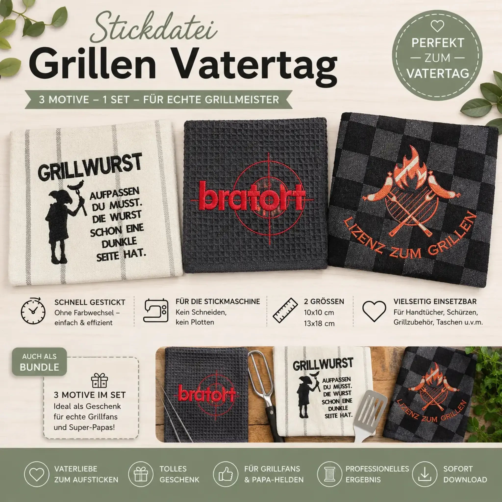 Stickdatei Grillen Vatertag – 3-teiliges Set 10x10 & 13x18 | BBQ Stickmotive