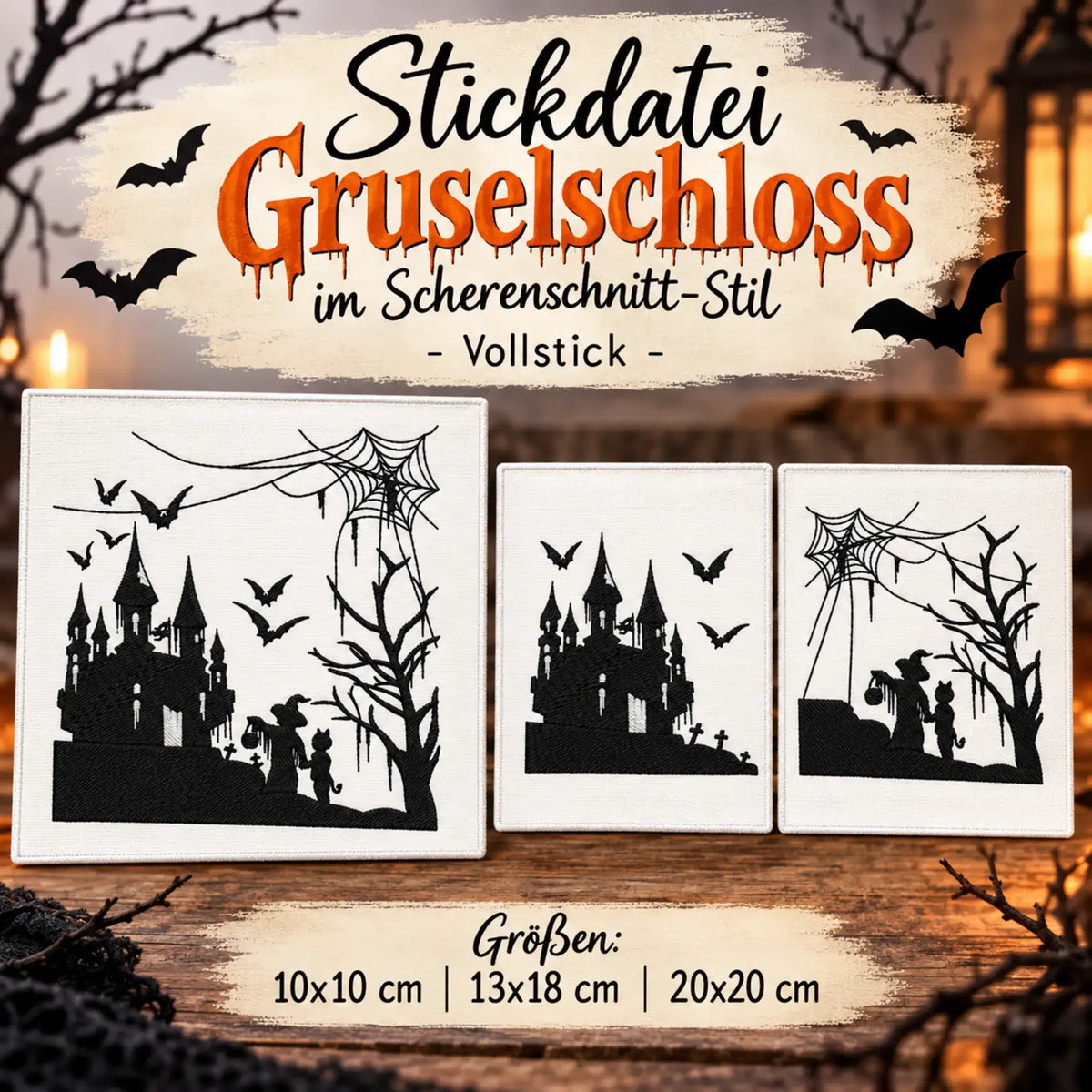 Stickdatei Gruselschloss im Scherenschnitt-Stil