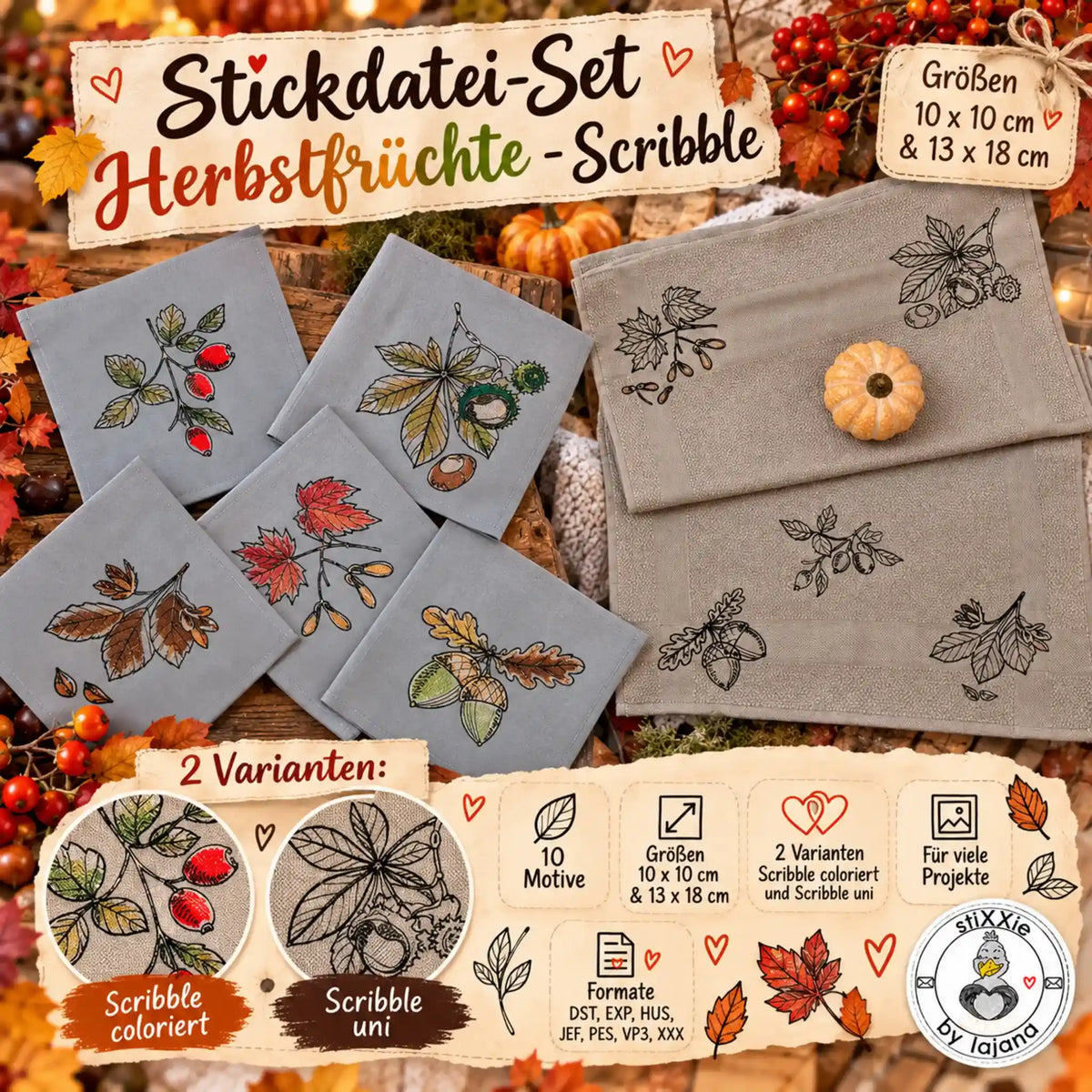 Stickdatei-Set Herbstfrüchte – 10x10 & 13x18 cm