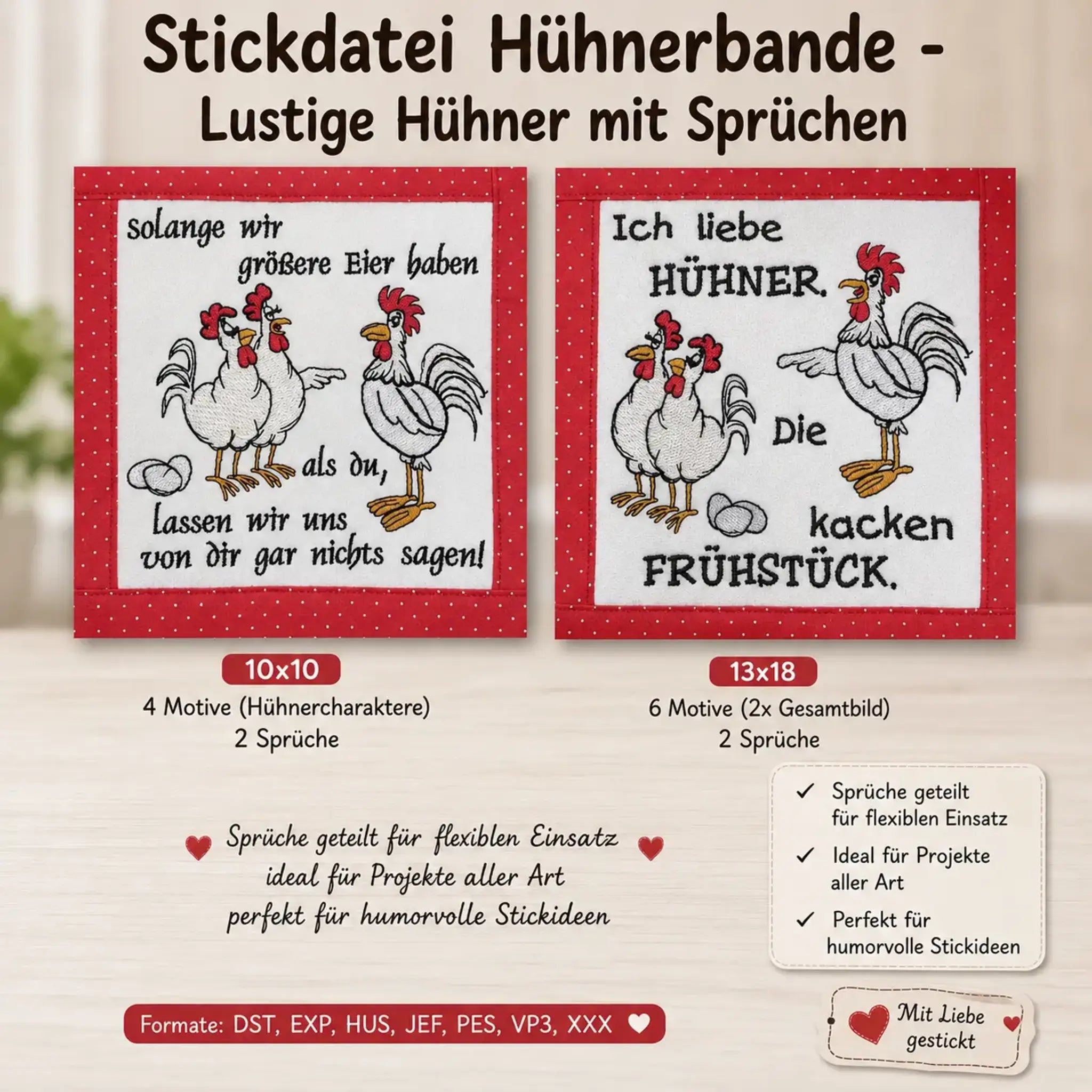 Stickdatei Hühnerbande - Lustige Hühner mit Sprüchen
