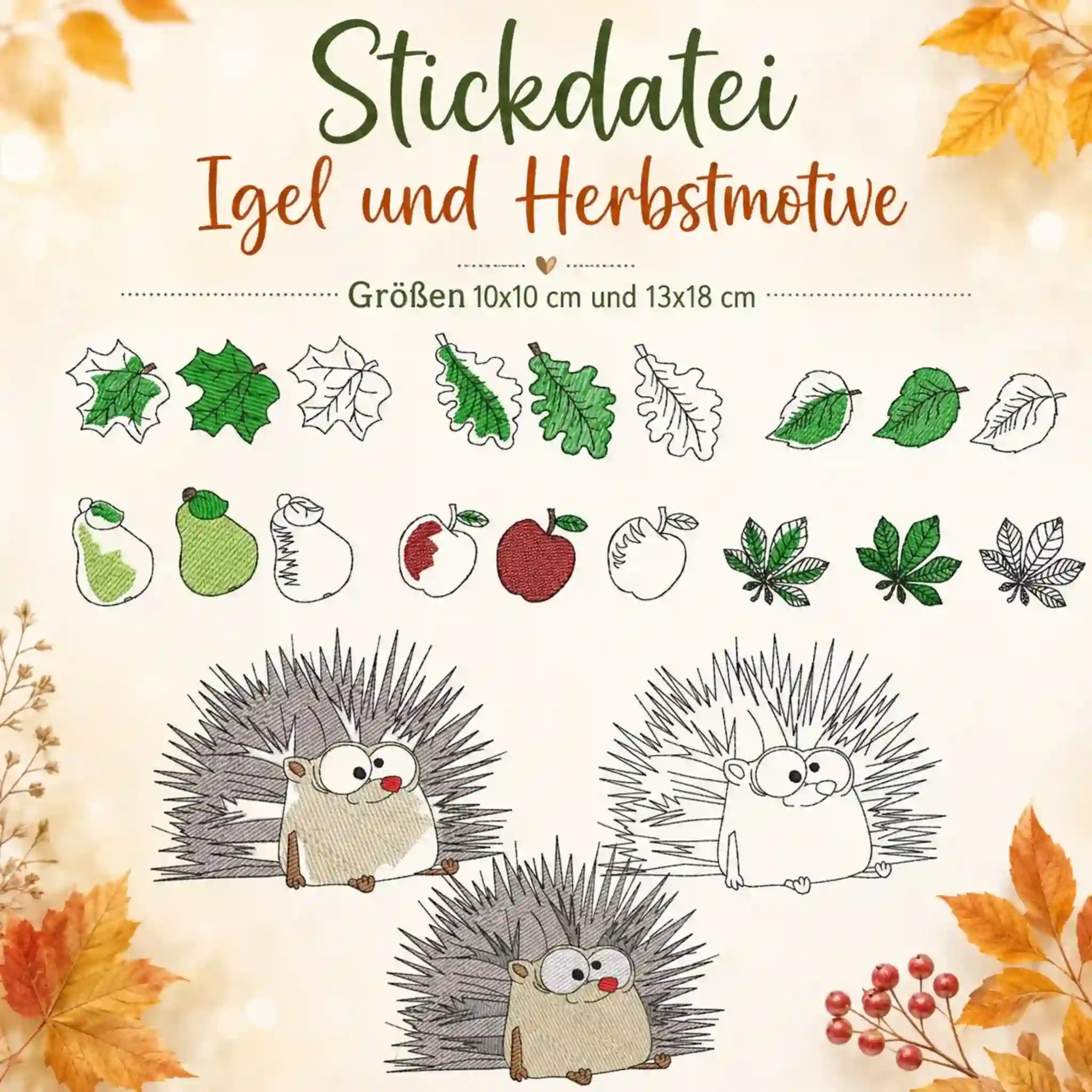 Stickdatei Igel und Herbstmotive