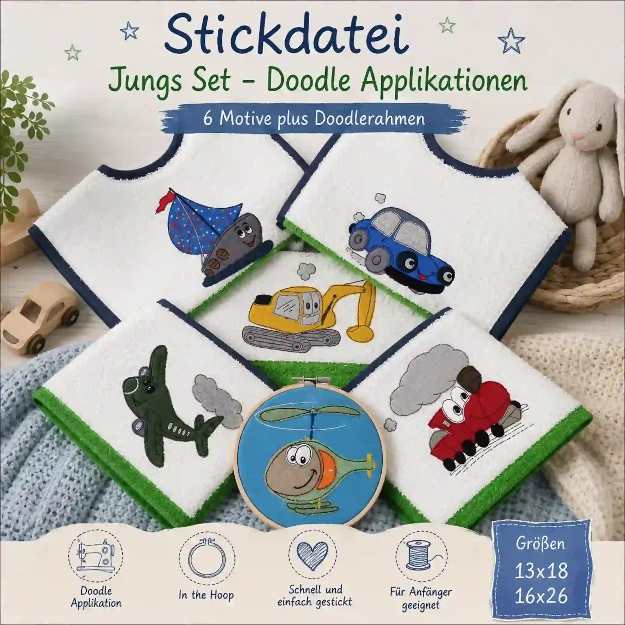 Stickdatei Jungs Doodle Applikation Set