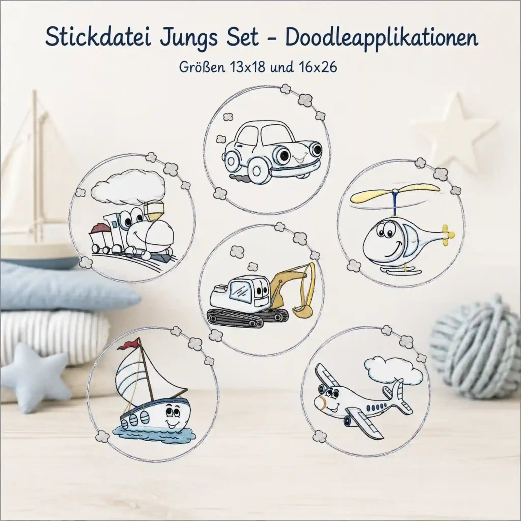 Stickdatei Jungs Doodle Applikation Set