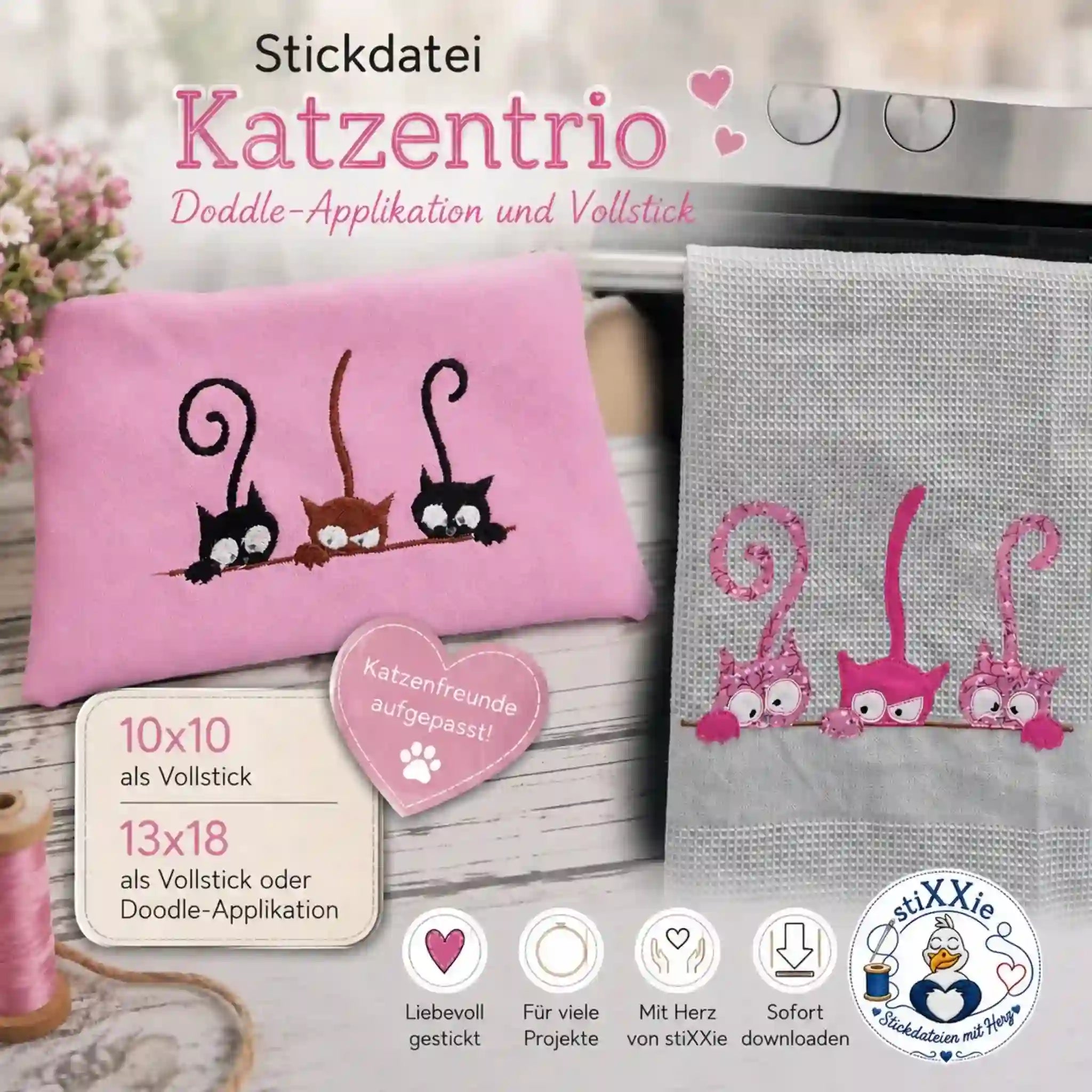 Stickdatei Katzentrio Doodle Applikation