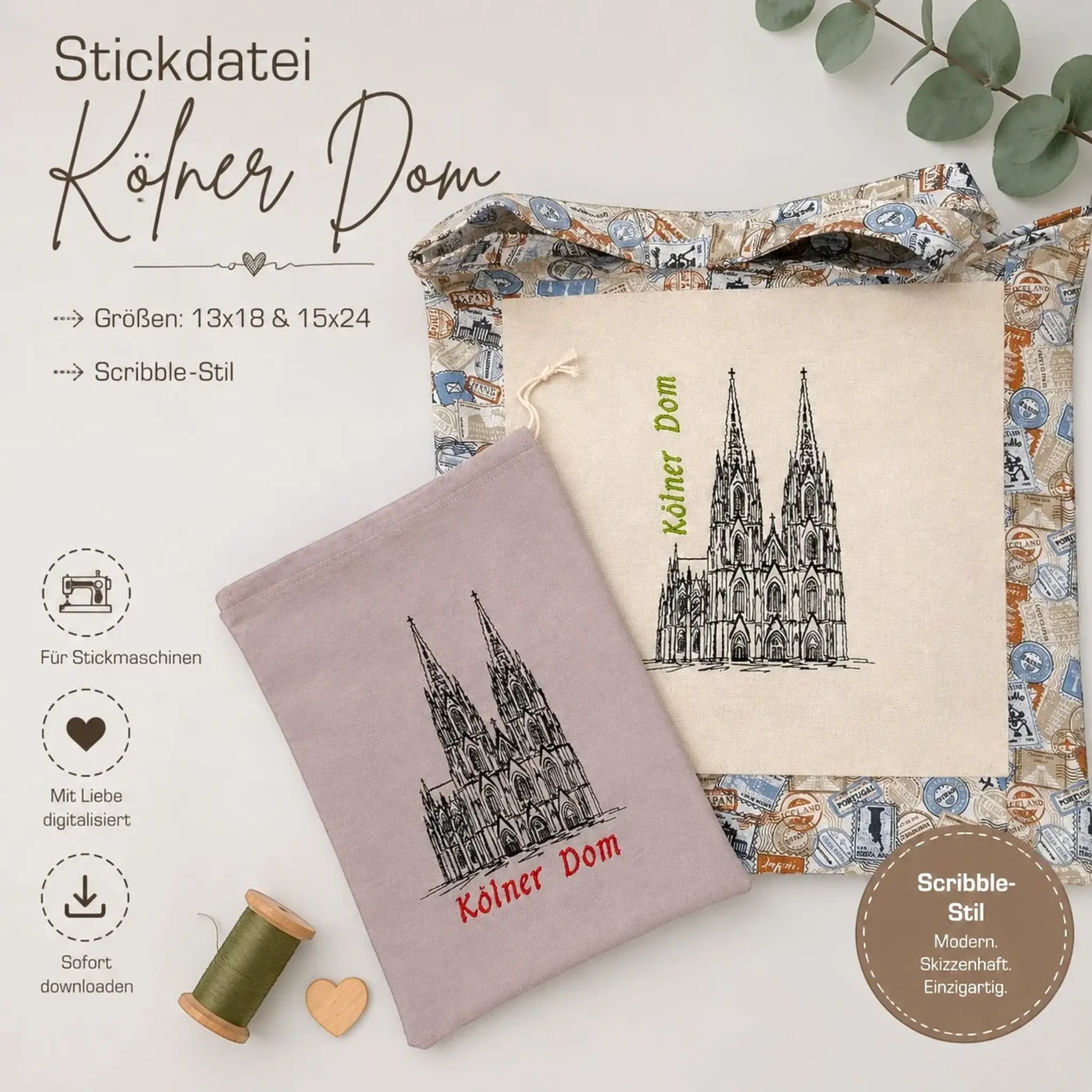 Stickdatei Kölner Dom 🏛️ – Scribble-Motiv mit Schriftzug