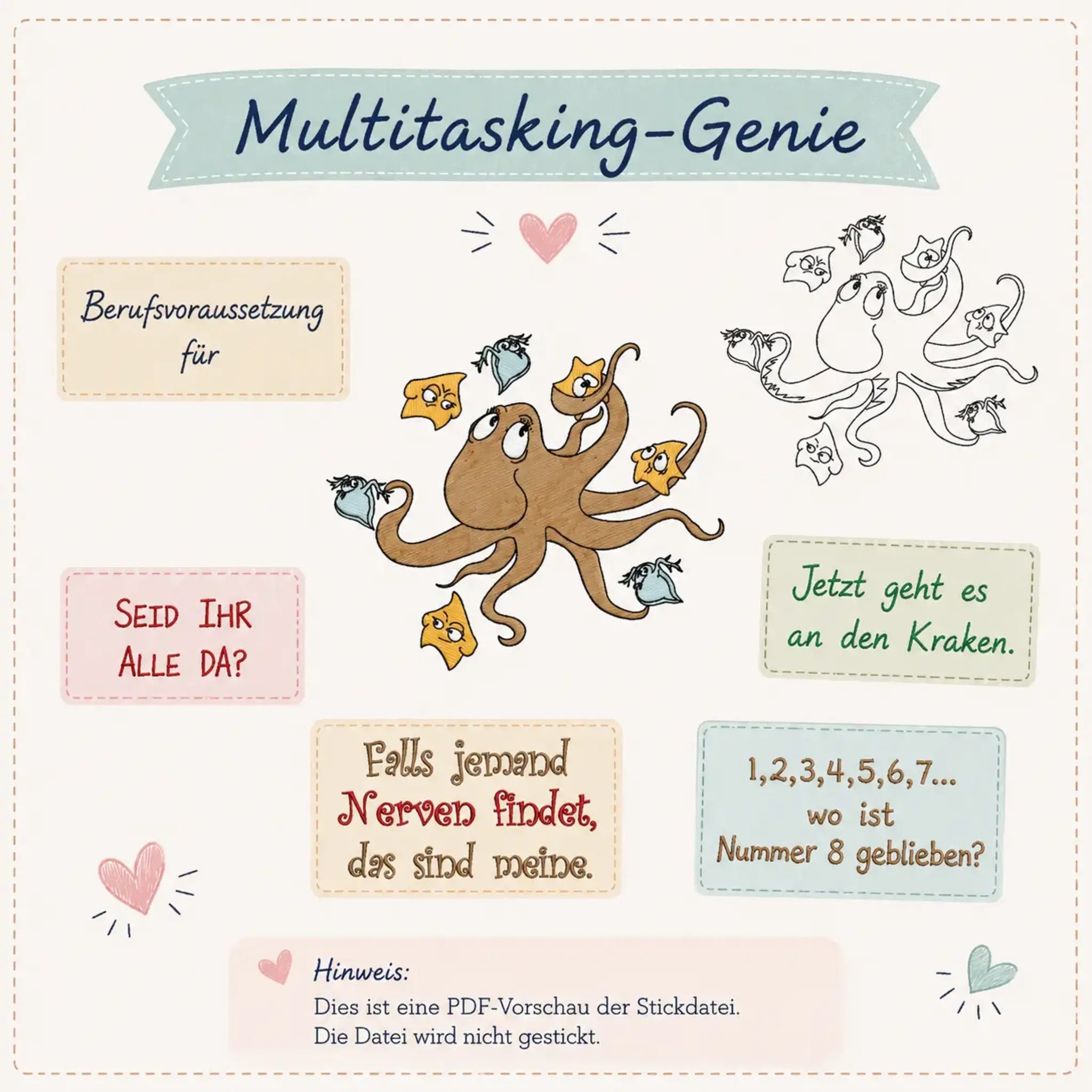 Stickdatei Krake mit Sprüchen 🐙 – Multitasking-Genie auf Stoff