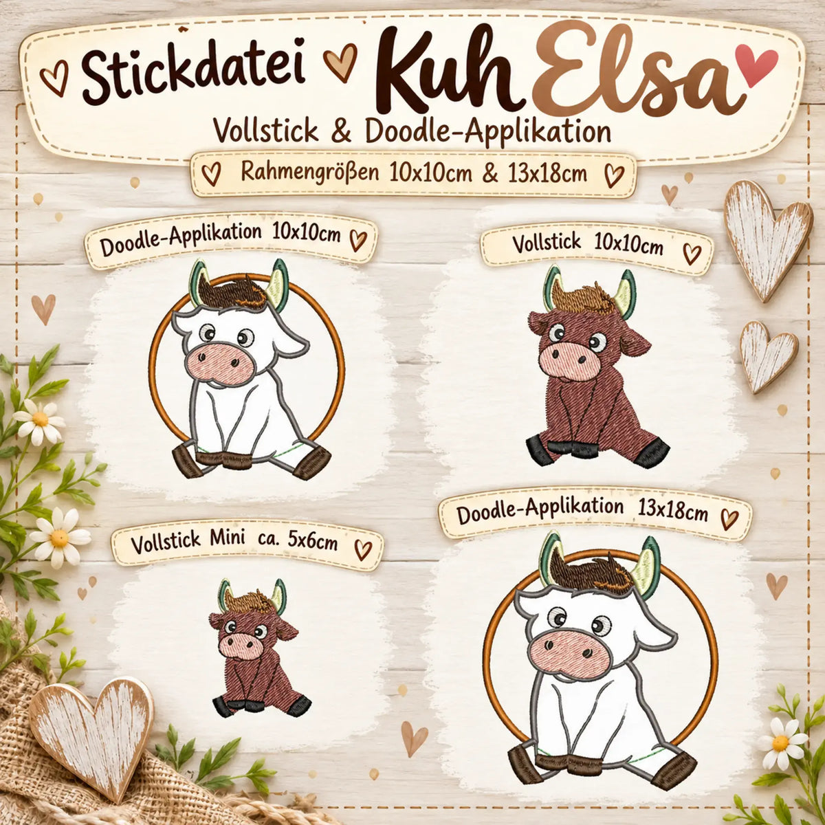 Stickdatei Kuh Elsa – Süße Kuh Vollstick & Doodle-Applikationen