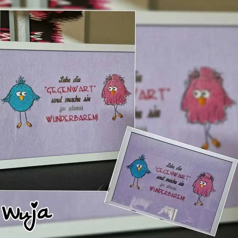 Stickdatei lustige Vogelfamilie stiXX mit Sprüchen von stiXXie by lajana