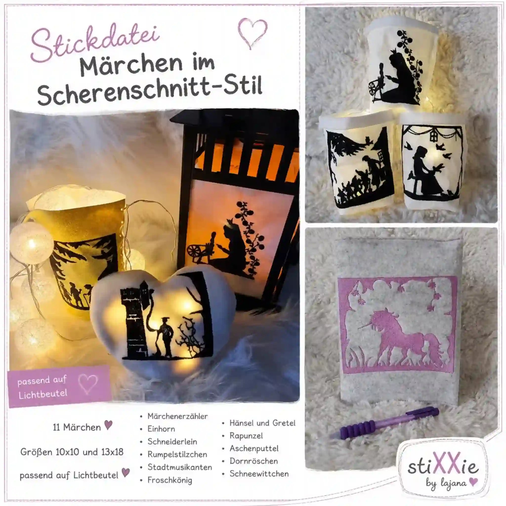 Stickdatei 11 Märchen im Scherenschnitt-Stil