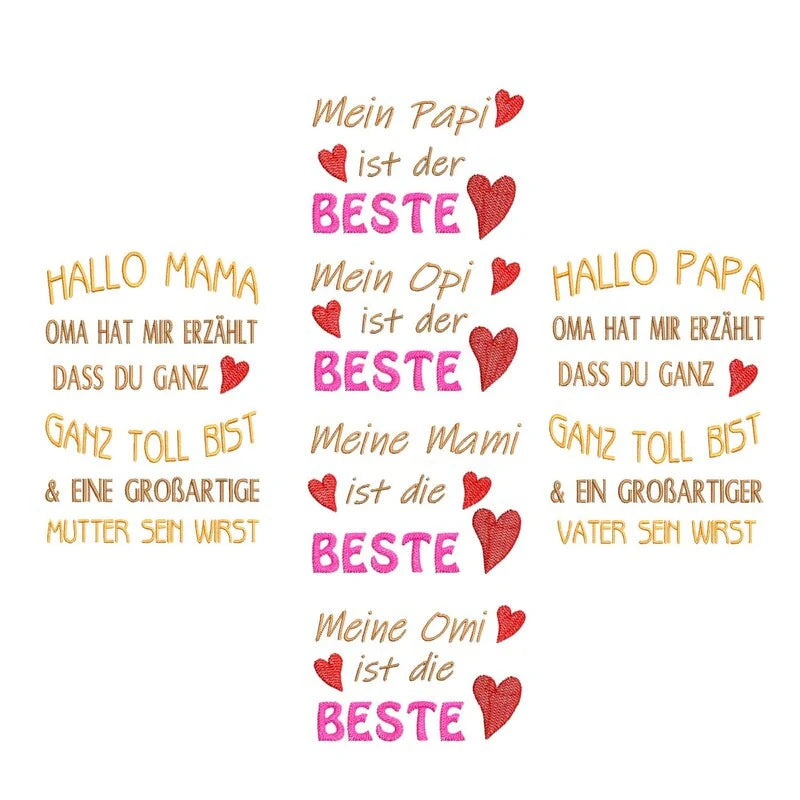 Stickdatei Sprüche Set Mami Papi Omi Opi