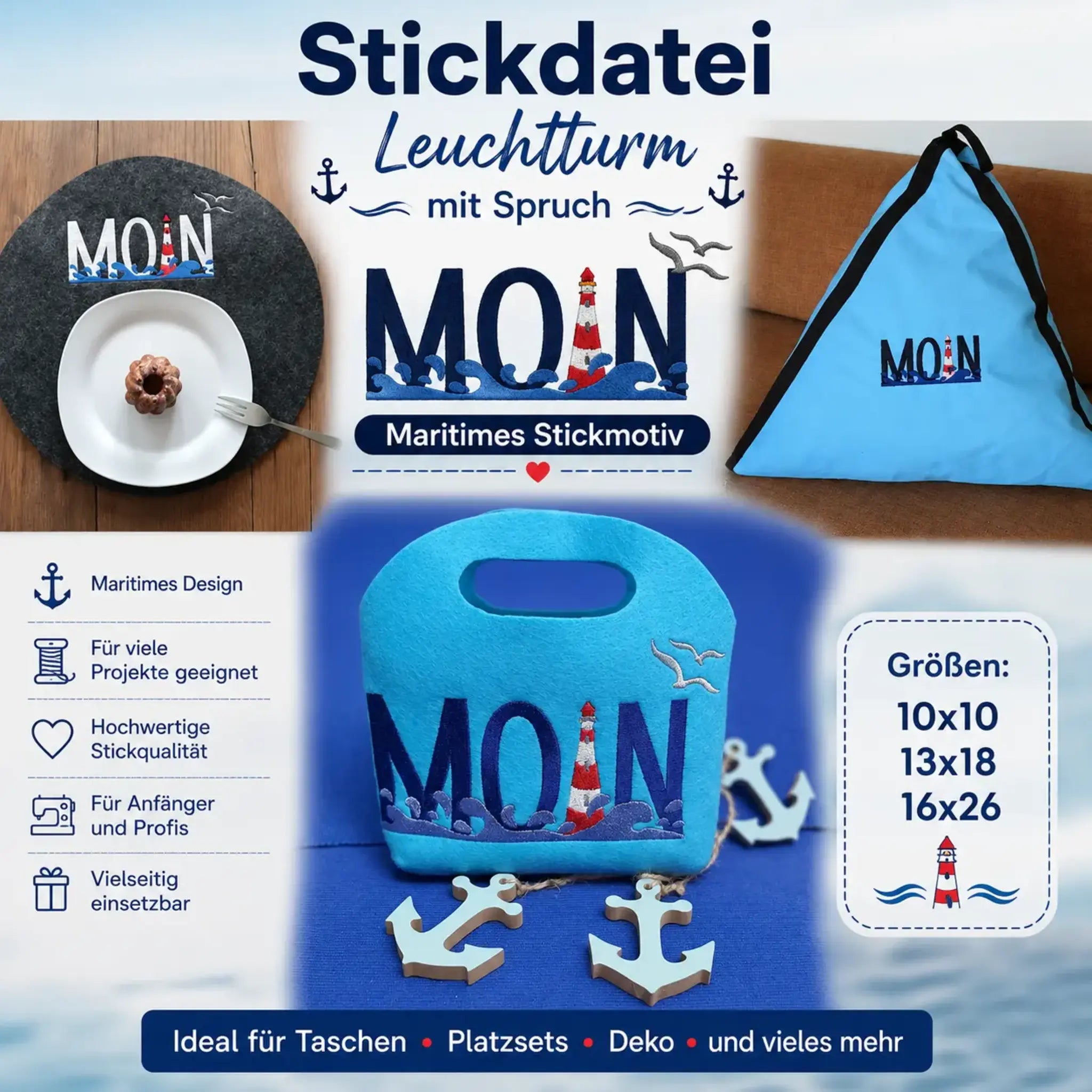 Stickdatei Leuchtturm mit Spruch MOIN – Maritimes Stickmotiv