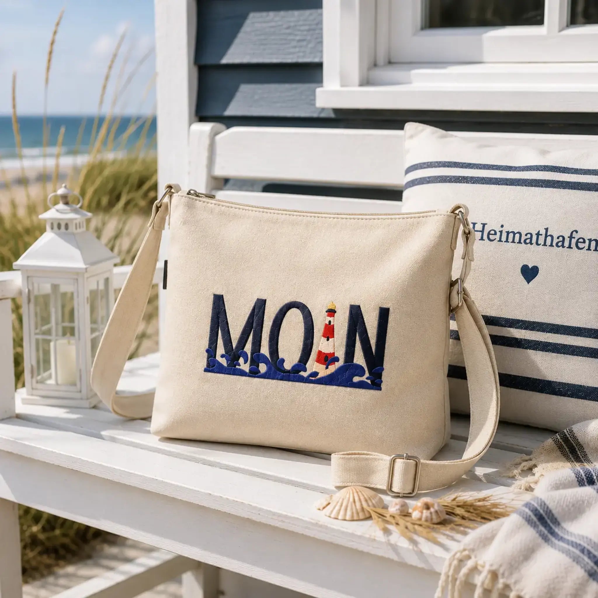 Stickdatei Leuchtturm mit Spruch MOIN – Maritimes Stickmotiv